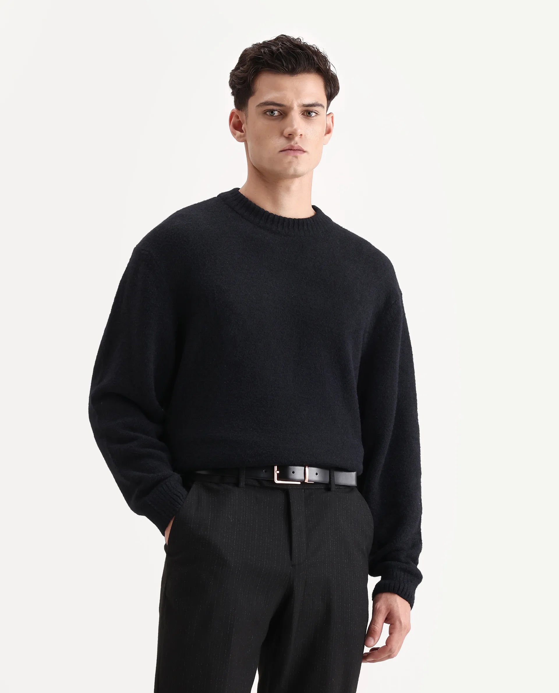 Rare Rabbit Men's Zeo-1 Black Nylon Plain Regular Fit Full Sleeve Crew Neck Sweater