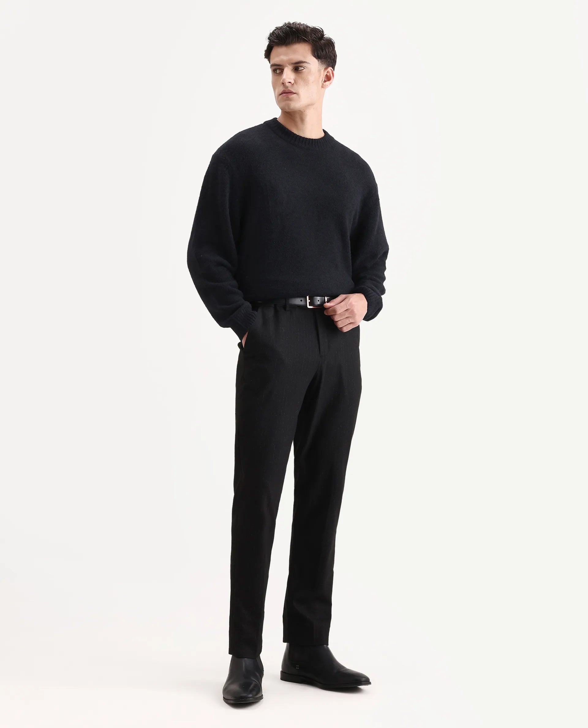 Rare Rabbit Men's Zeo-1 Black Nylon Plain Regular Fit Full Sleeve Crew Neck Sweater