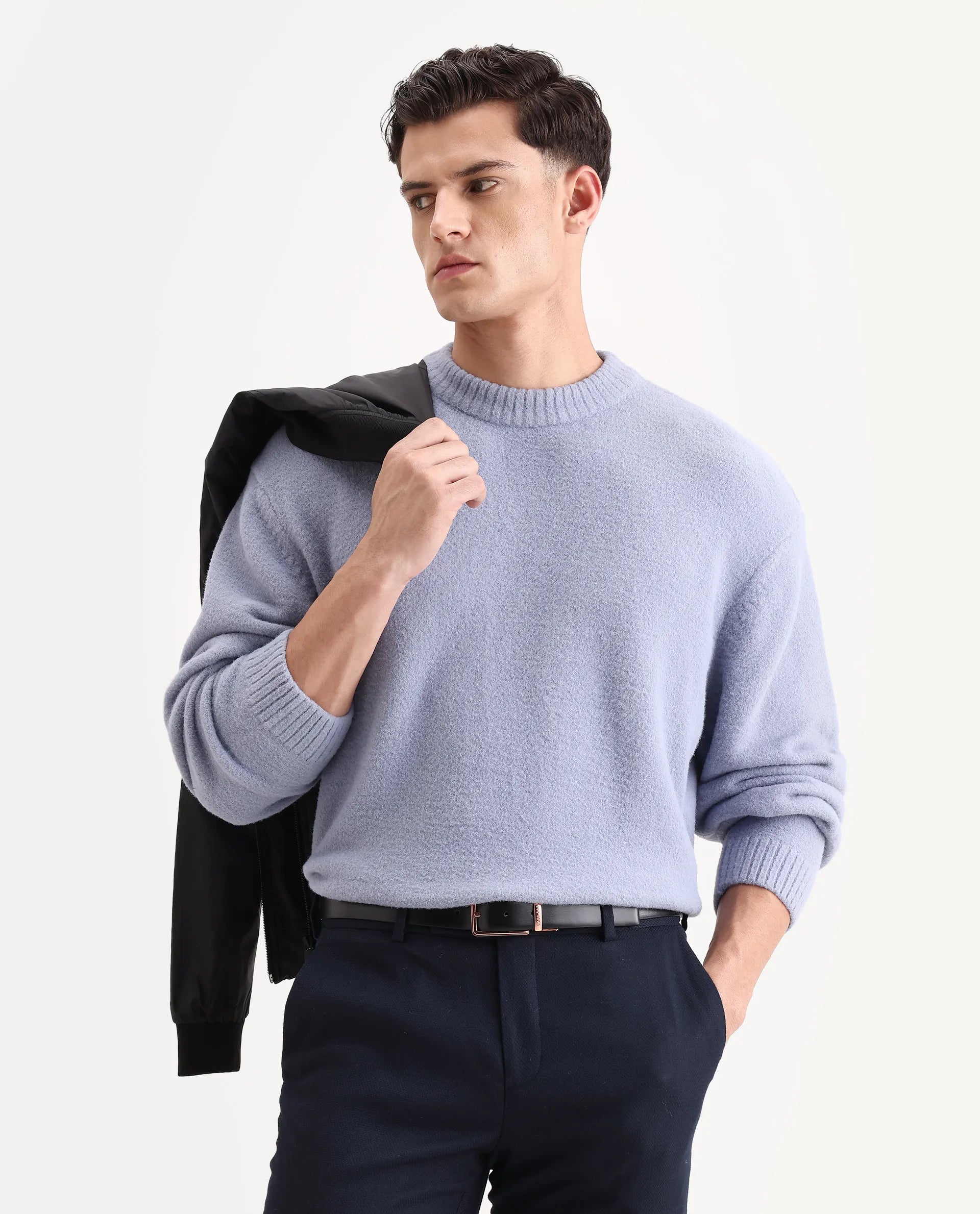 Rare Rabbit Men's Zeo 1 Light Grey Nylon Plain Regular Fit Full Sleeve Crew Neck Sweater