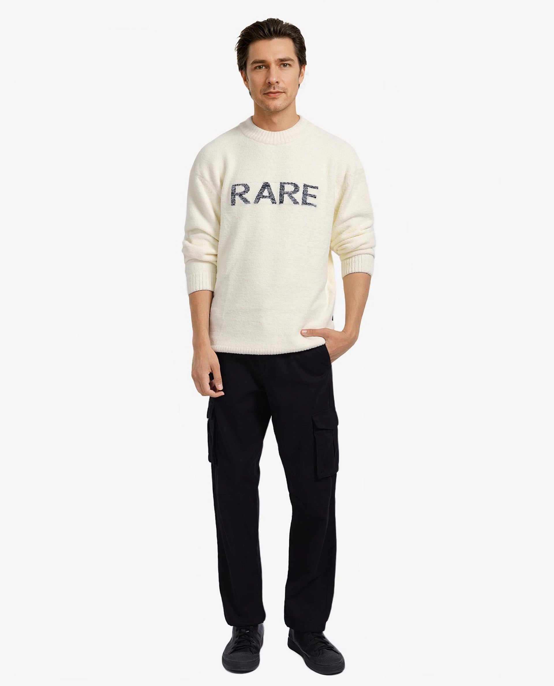 Rare Rabbit Men's Zeo Off White Ribbed Full Sleeves and Crew Neck Collar Regular Fit Branded Sweater