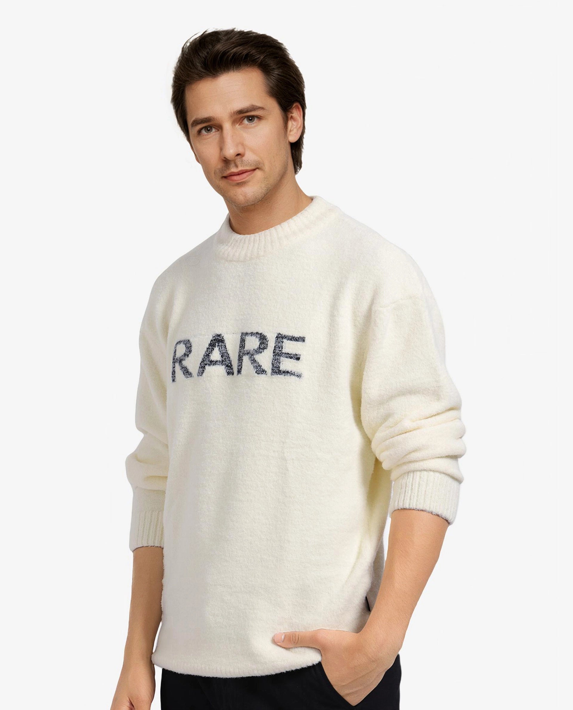 Rare Rabbit Men's Zeo Off White Ribbed Full Sleeves and Crew Neck Collar Regular Fit Branded Sweater