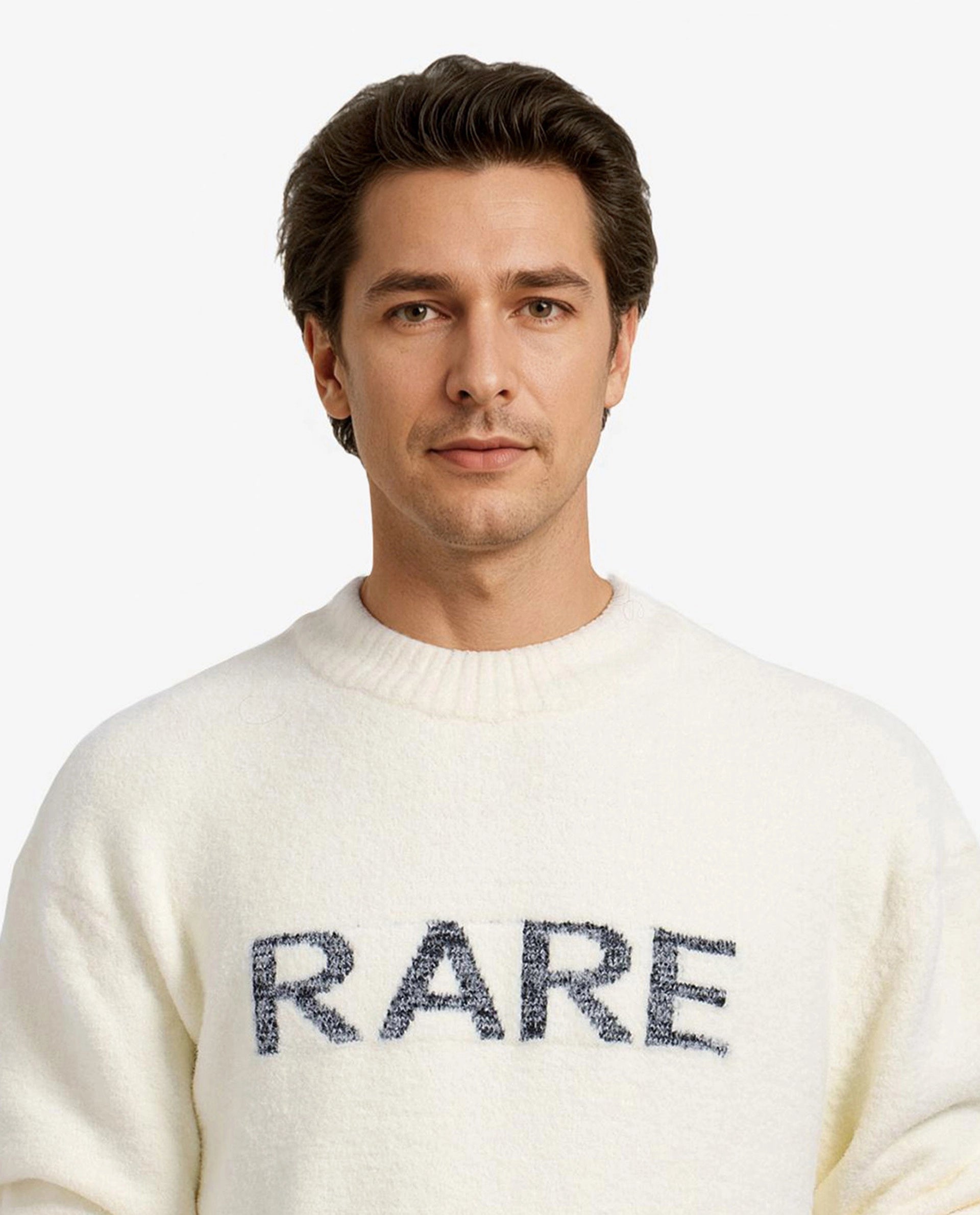 Rare Rabbit Men's Zeo Off White Ribbed Full Sleeves and Crew Neck Collar Regular Fit Branded Sweater