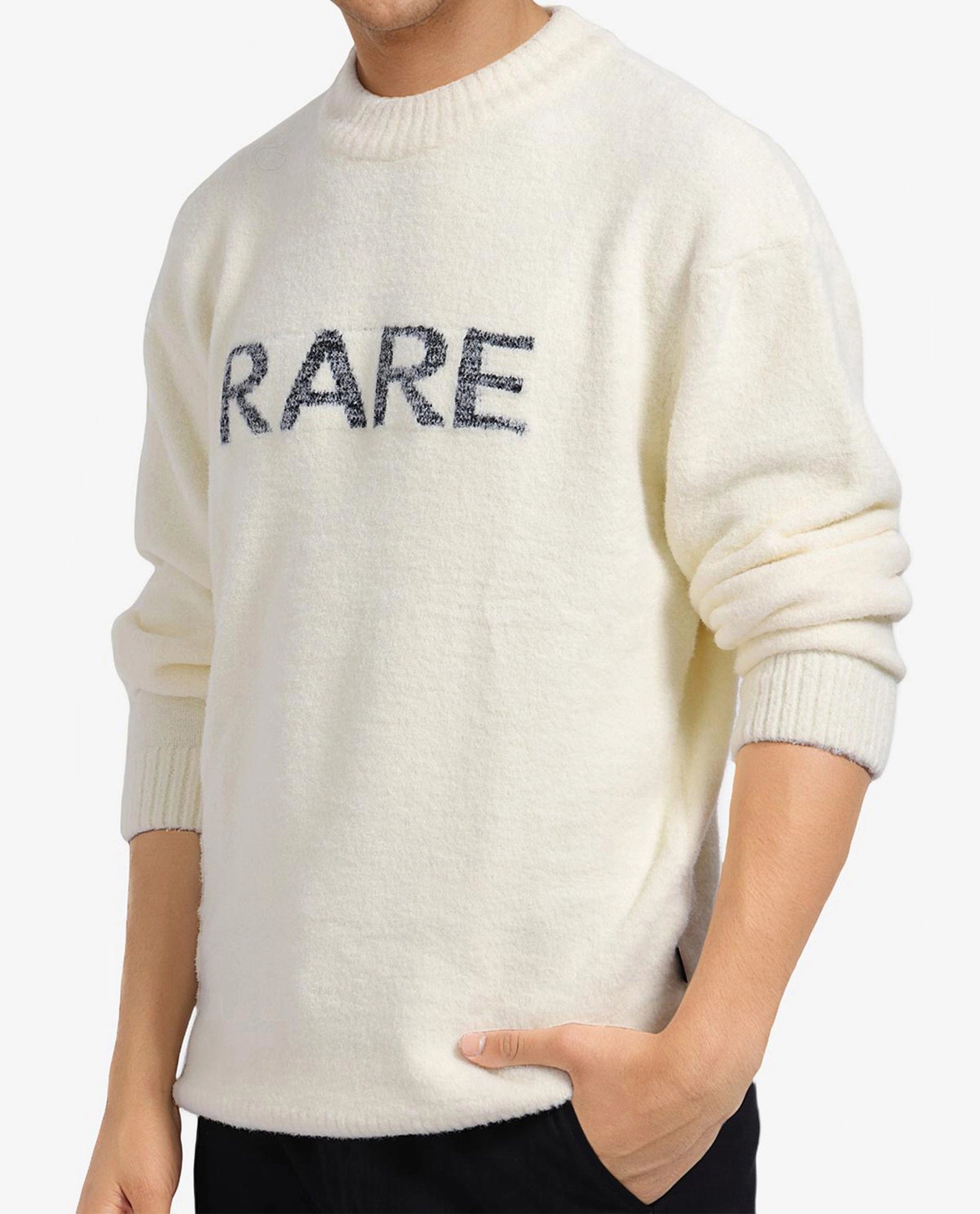 Rare Rabbit Men's Zeo Off White Ribbed Full Sleeves and Crew Neck Collar Regular Fit Branded Sweater