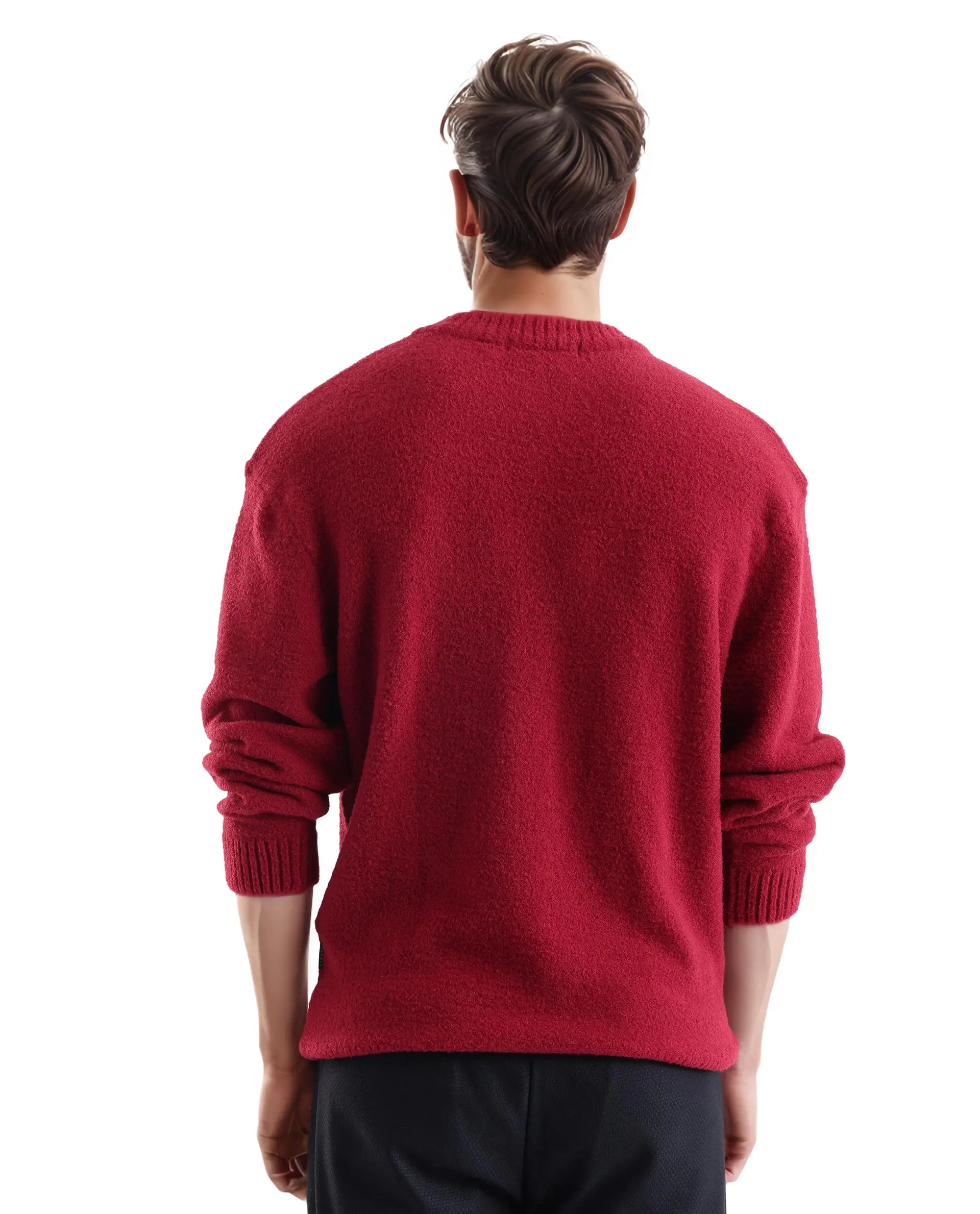 Rare Rabbit Men's Zeo Dark Red Ribbed Full Sleeves and Crew Neck Collar Regular Fit Branded Sweater