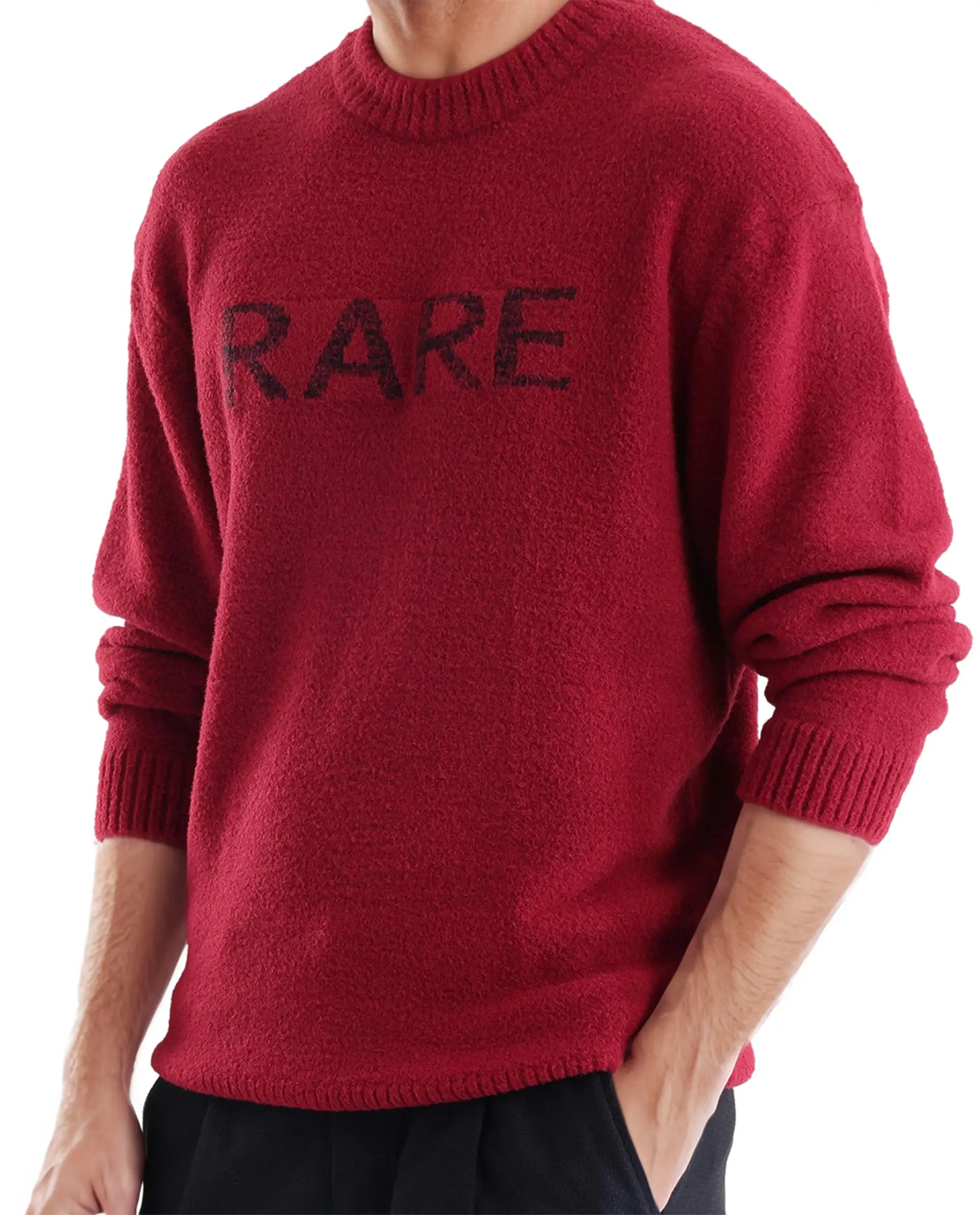 Rare Rabbit Men's Zeo Dark Red Ribbed Full Sleeves and Crew Neck Collar Regular Fit Branded Sweater