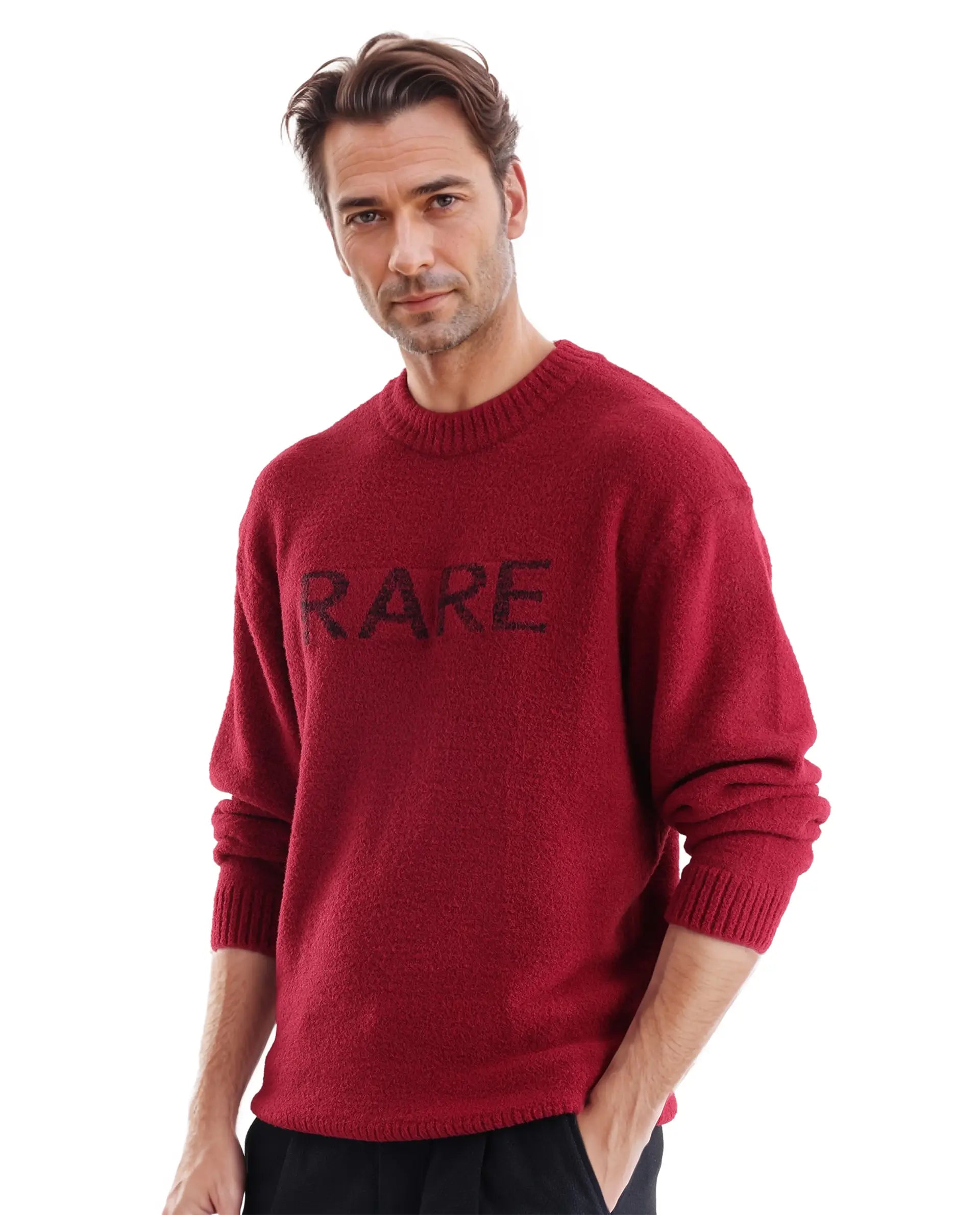 Rare Rabbit Men's Zeo Dark Red Ribbed Full Sleeves and Crew Neck Collar Regular Fit Branded Sweater