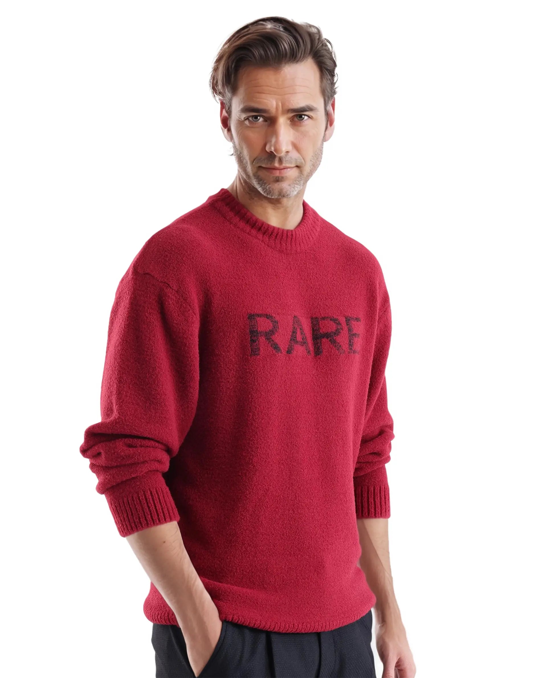 Rare Rabbit Men's Zeo Dark Red Ribbed Full Sleeves and Crew Neck Collar Regular Fit Branded Sweater