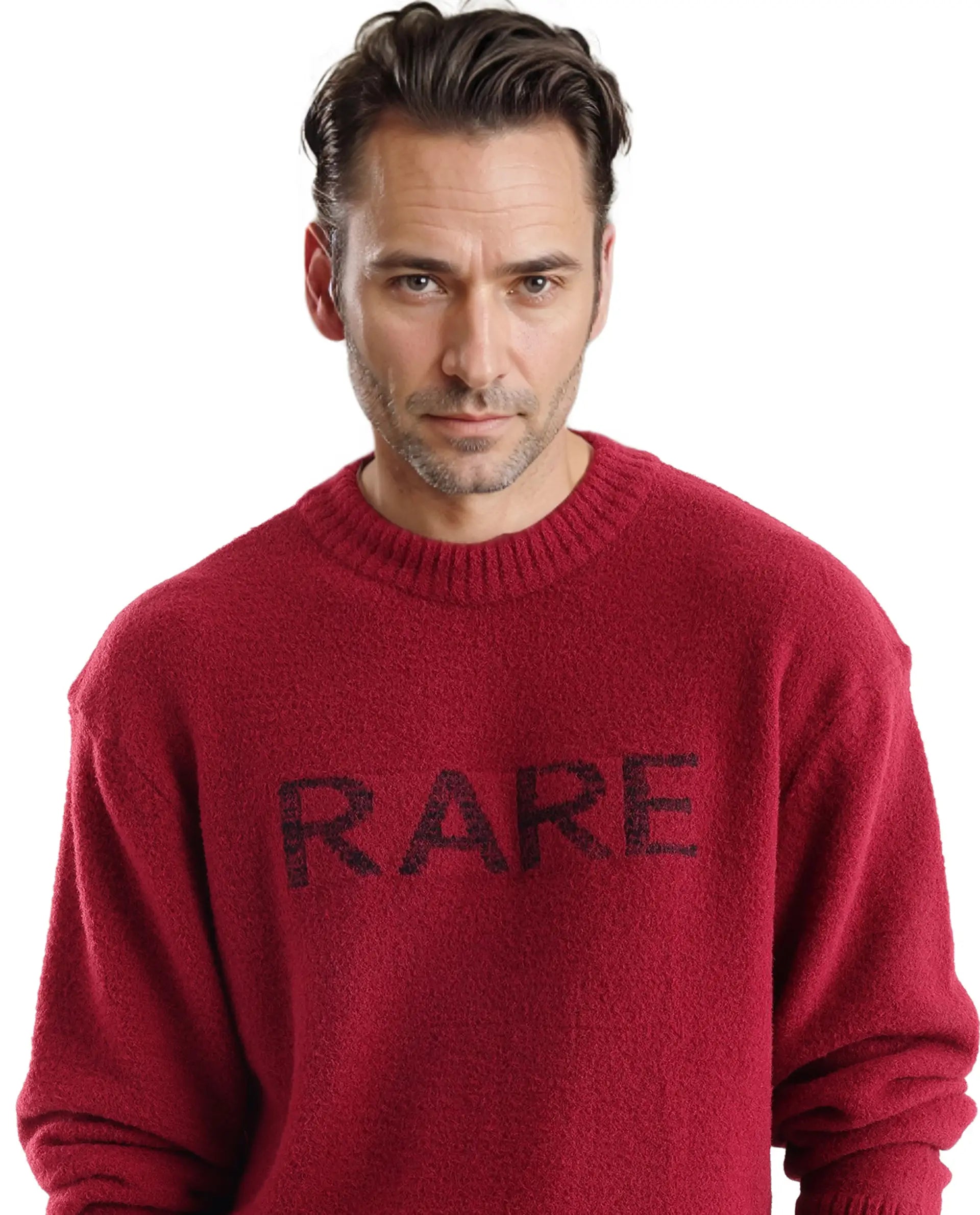 Rare Rabbit Men's Zeo Dark Red Ribbed Full Sleeves and Crew Neck Collar Regular Fit Branded Sweater