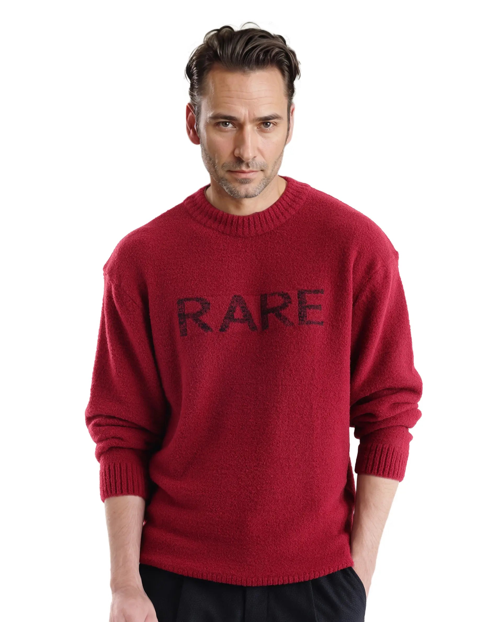 Rare Rabbit Men's Zeo Dark Red Ribbed Full Sleeves and Crew Neck Collar Regular Fit Branded Sweater