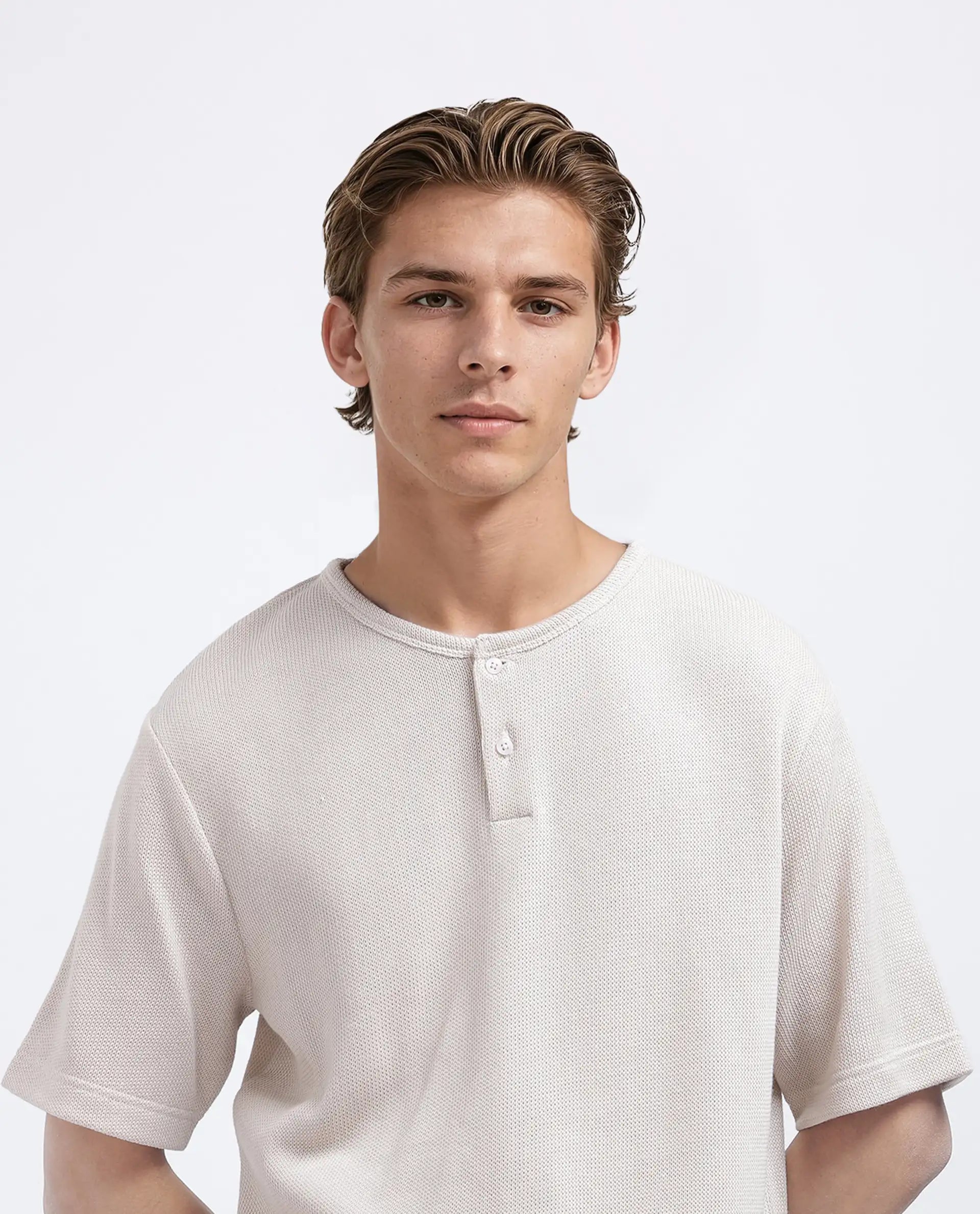 Rare Rabbit Men Zeph Beige Cotton Poly Fabric Short Sleeve Crew Neck Textured T-Shirt