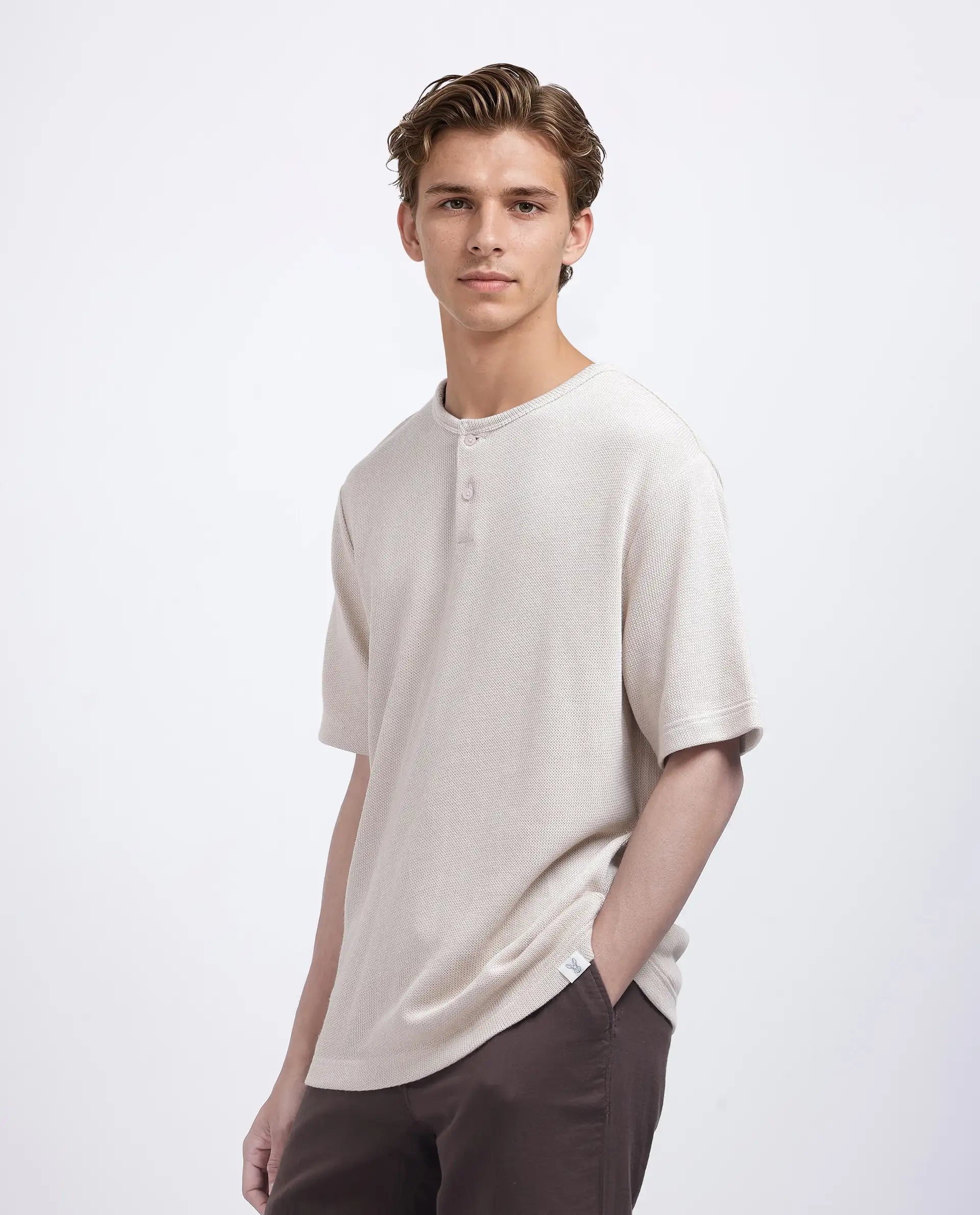 Rare Rabbit Men Zeph Beige Cotton Poly Fabric Short Sleeve Crew Neck Textured T-Shirt