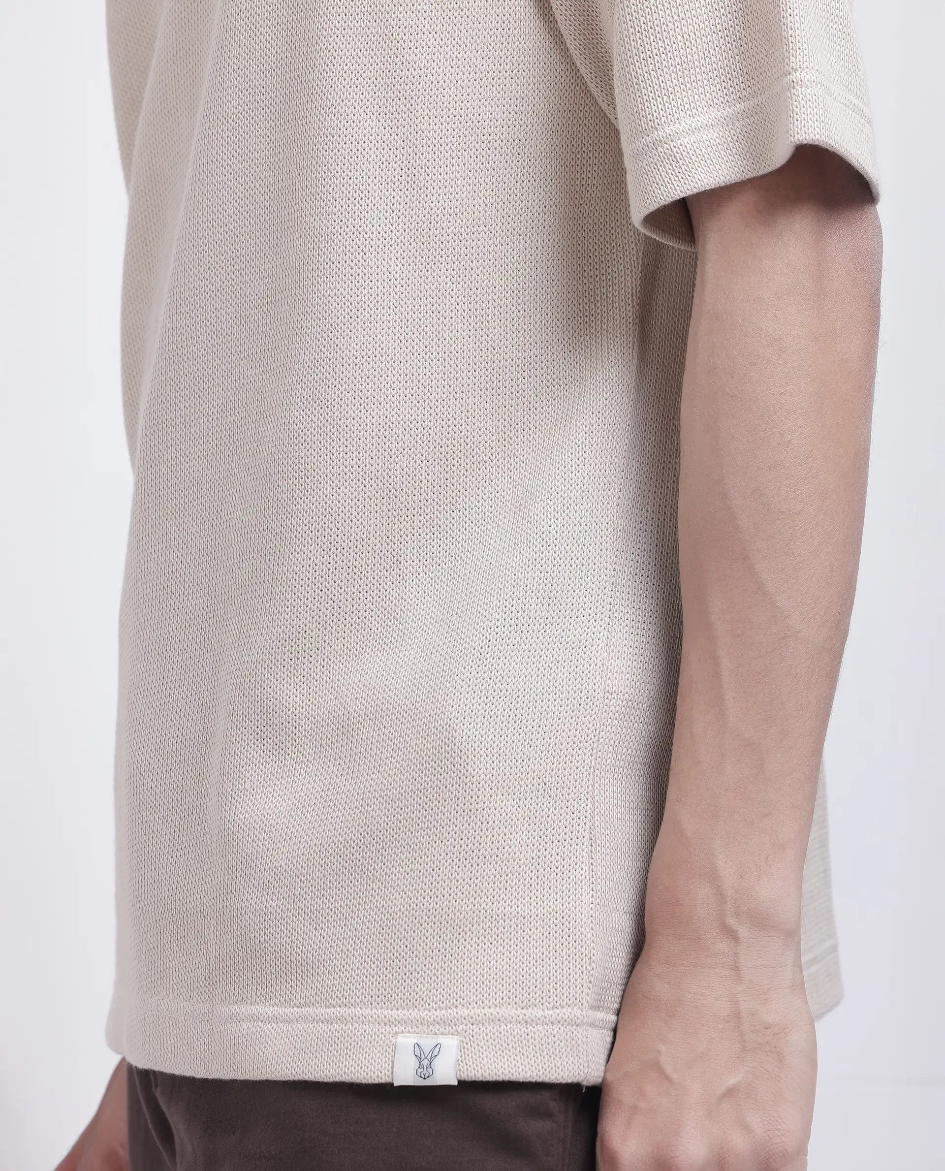 Rare Rabbit Men Zeph Beige Cotton Poly Fabric Short Sleeve Crew Neck Textured T-Shirt