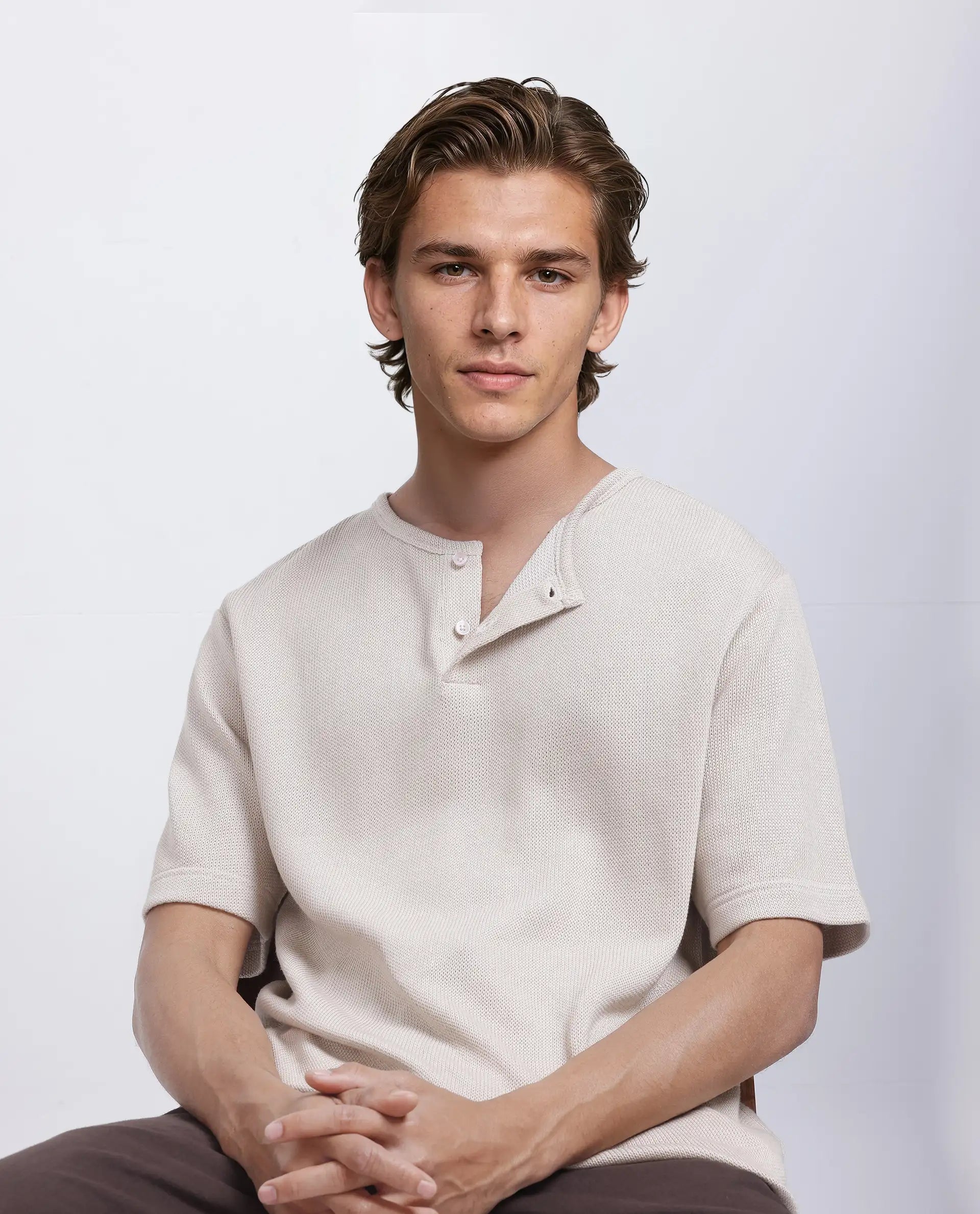 Rare Rabbit Men Zeph Beige Cotton Poly Fabric Short Sleeve Crew Neck Textured T-Shirt