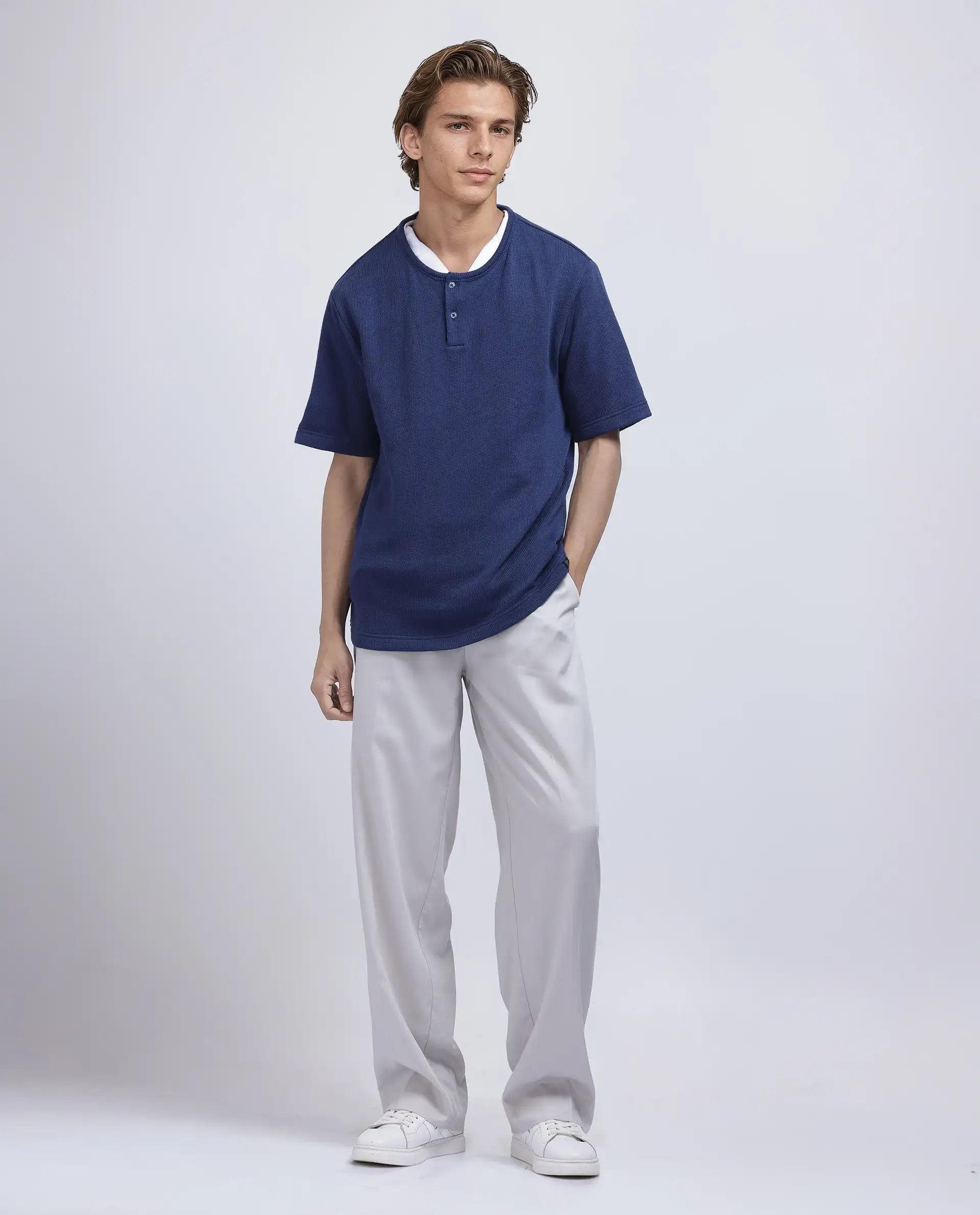 Rare Rabbit Men Zeph Navy Cotton Poly Fabric Short Sleeve Crew Neck Textured T-Shirt