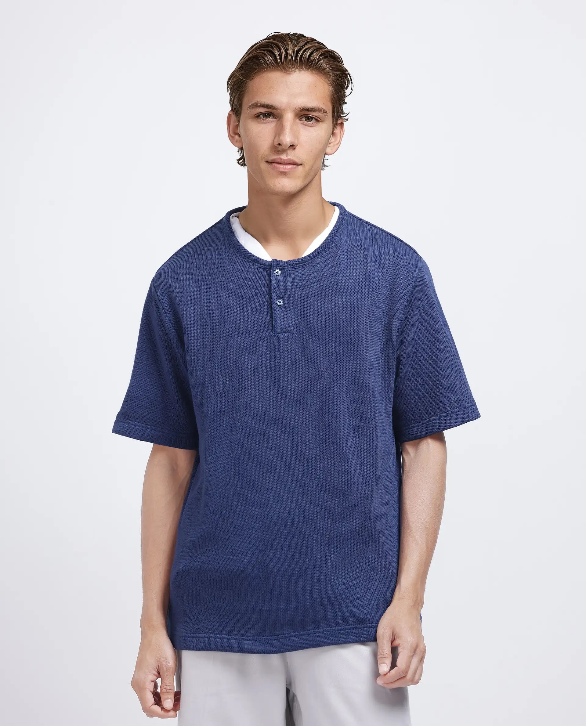 Rare Rabbit Men Zeph Navy Cotton Poly Fabric Short Sleeve Crew Neck Textured T-Shirt