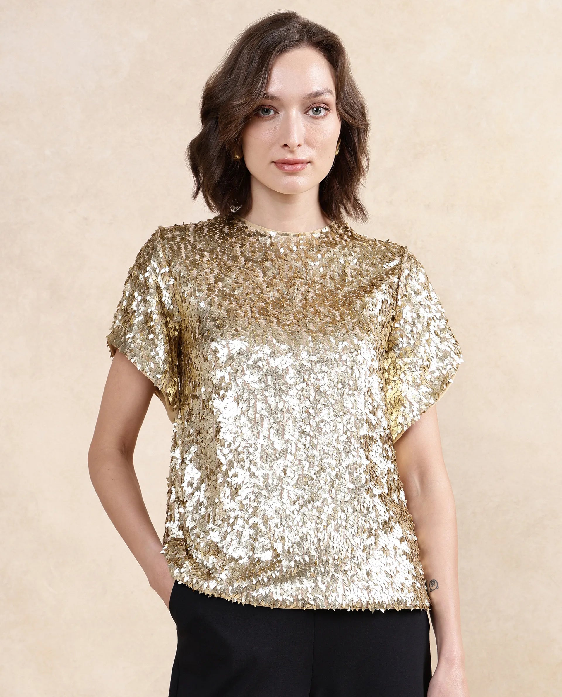 Rareism Women Zepla Mettalic Gold Polyester Fabric Short Sleeve Round