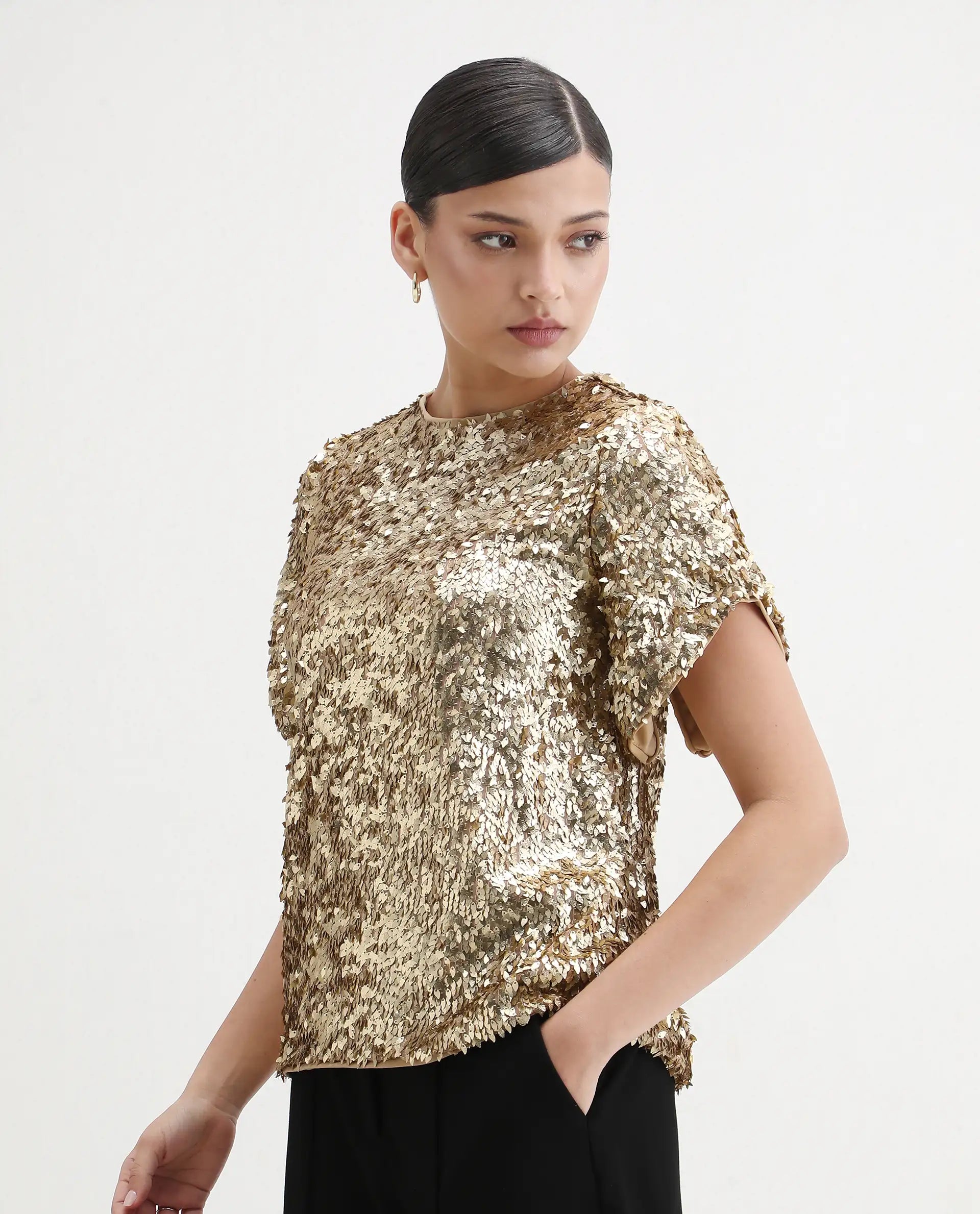 Rareism Women's Zepla Mettalic Gold Sequined Crew Neck Sequined Regular Fit Top