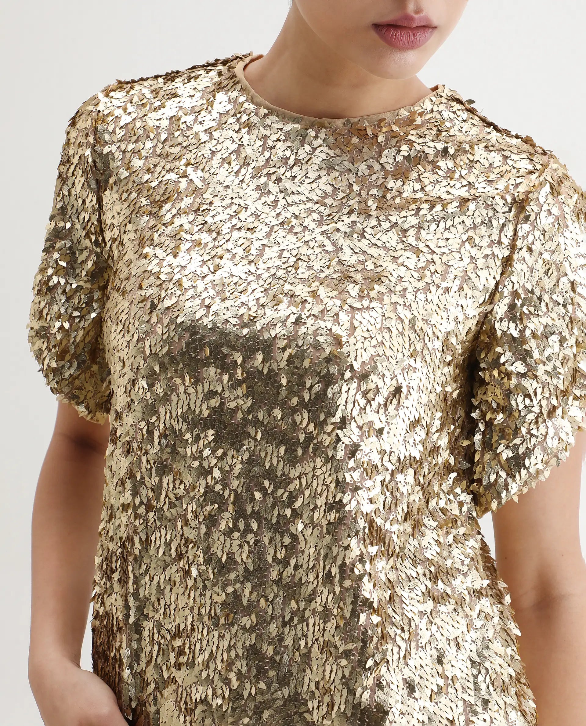 Rareism Women's Zepla Mettalic Gold Sequined Crew Neck Sequined Regular Fit Top