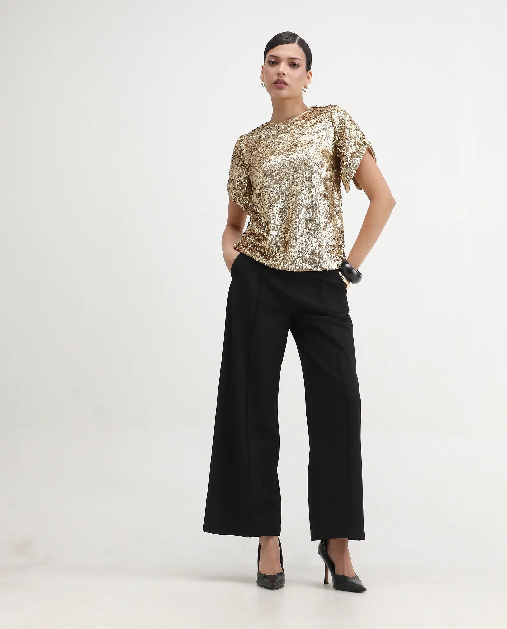 Rareism Women's Zepla Mettalic Gold Sequined Crew Neck Sequined Regular Fit Top