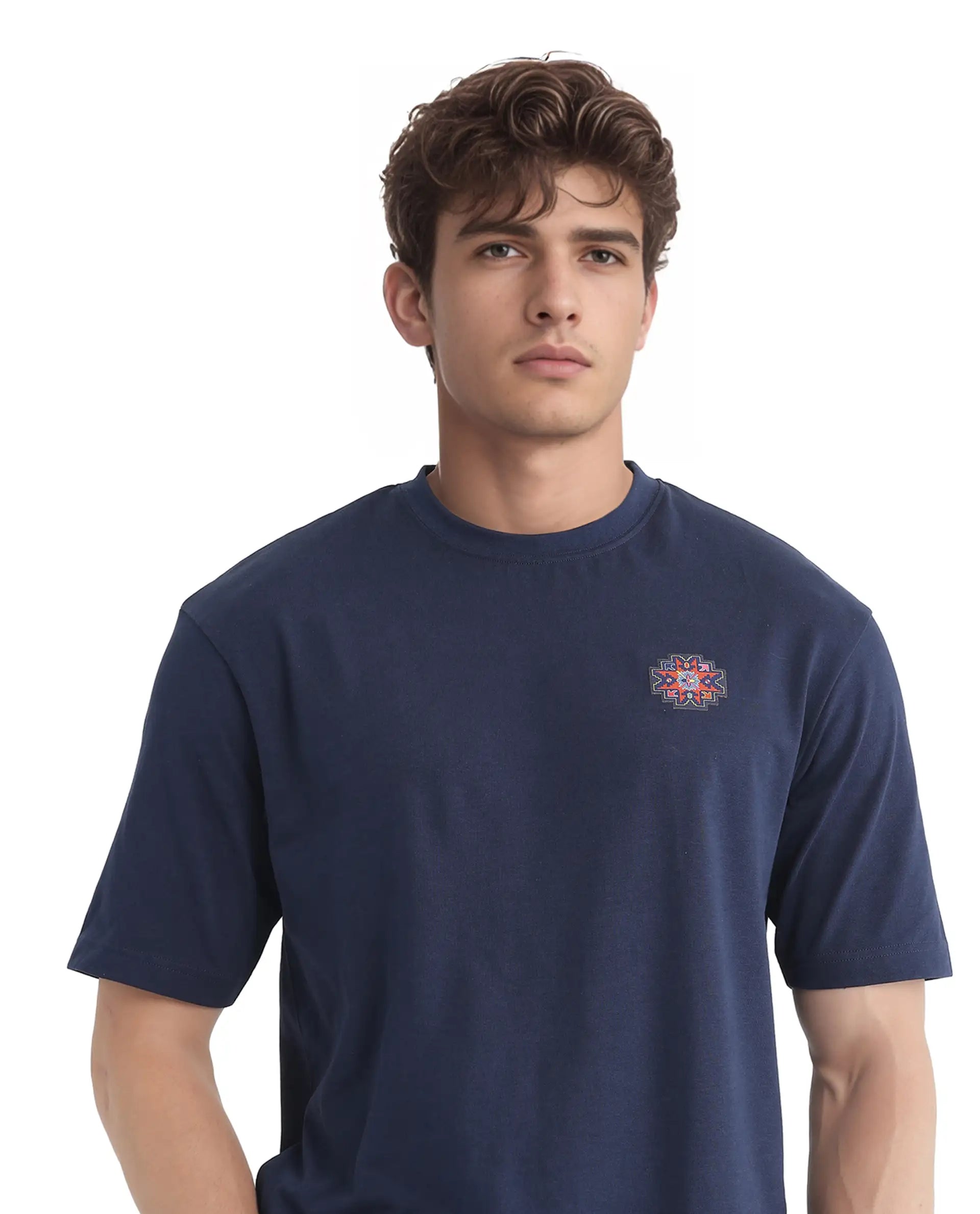 Rare Rabbit Men's Zera Navy Cotton Fabric Half Sleeve Crew Neck Oversized Fit Graphic Print T-Shirt