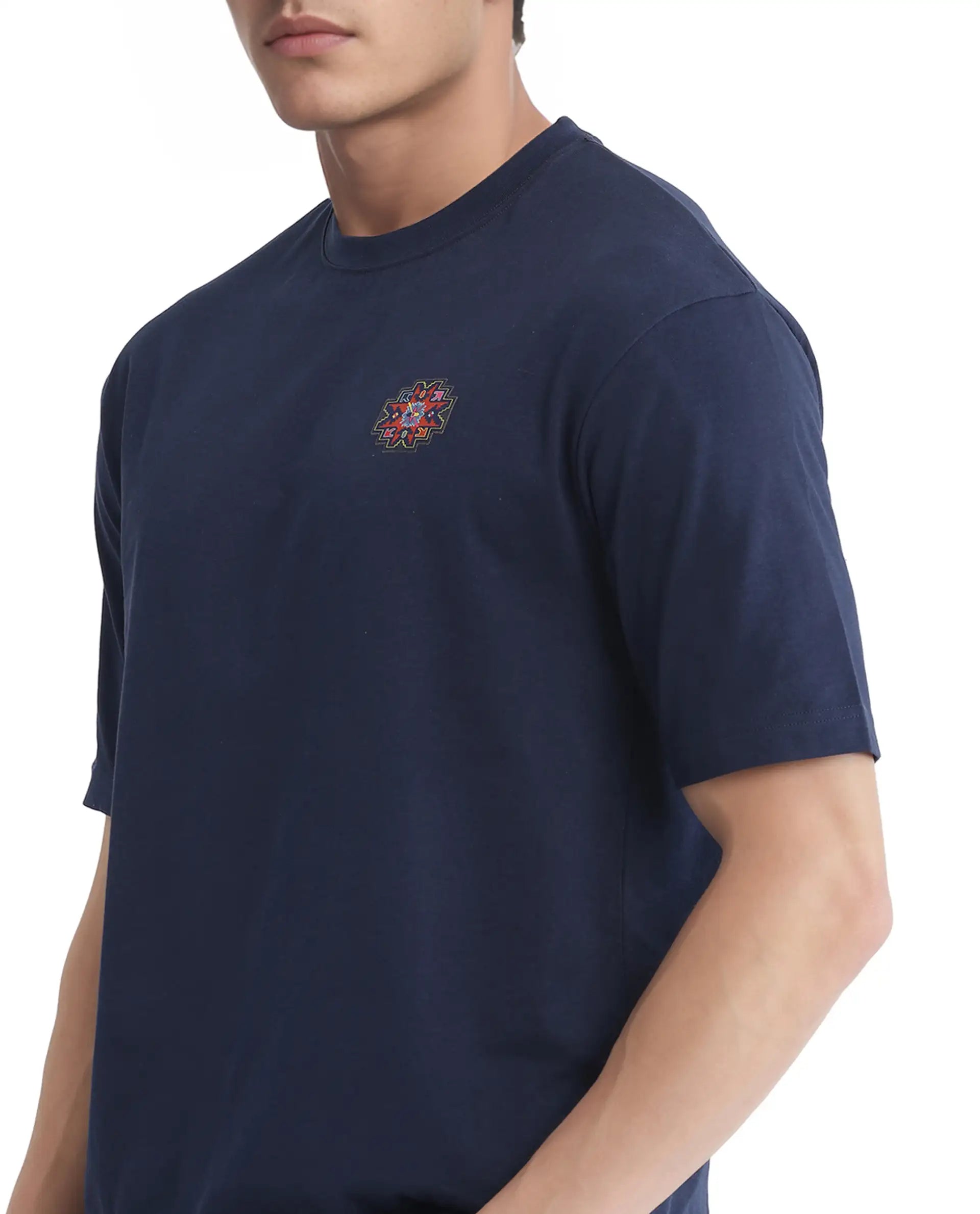 Rare Rabbit Men's Zera Navy Cotton Fabric Half Sleeve Crew Neck Oversized Fit Graphic Print T-Shirt