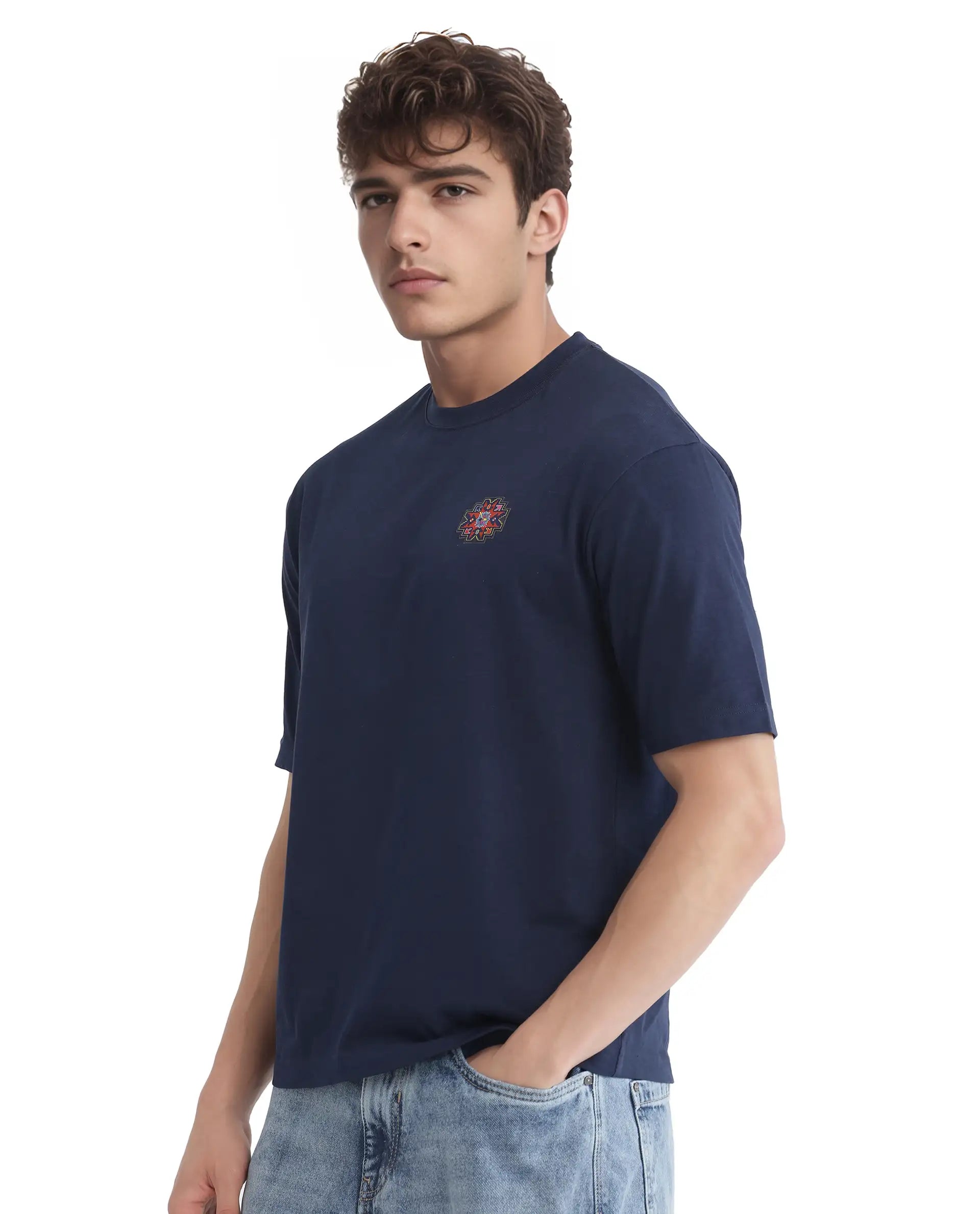 Rare Rabbit Men's Zera Navy Cotton Fabric Half Sleeve Crew Neck Oversized Fit Graphic Print T-Shirt