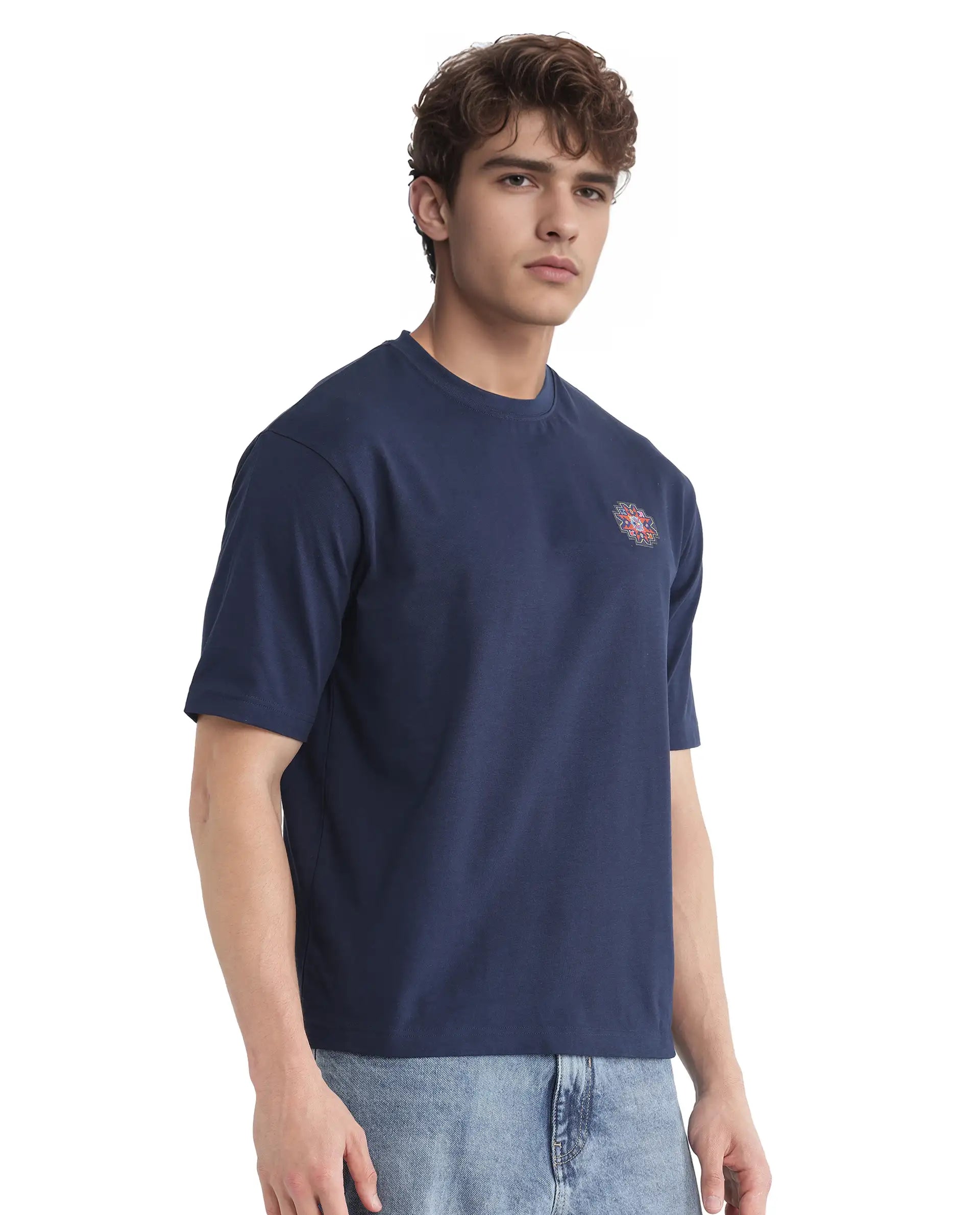 Rare Rabbit Men's Zera Navy Cotton Fabric Half Sleeve Crew Neck Oversized Fit Graphic Print T-Shirt