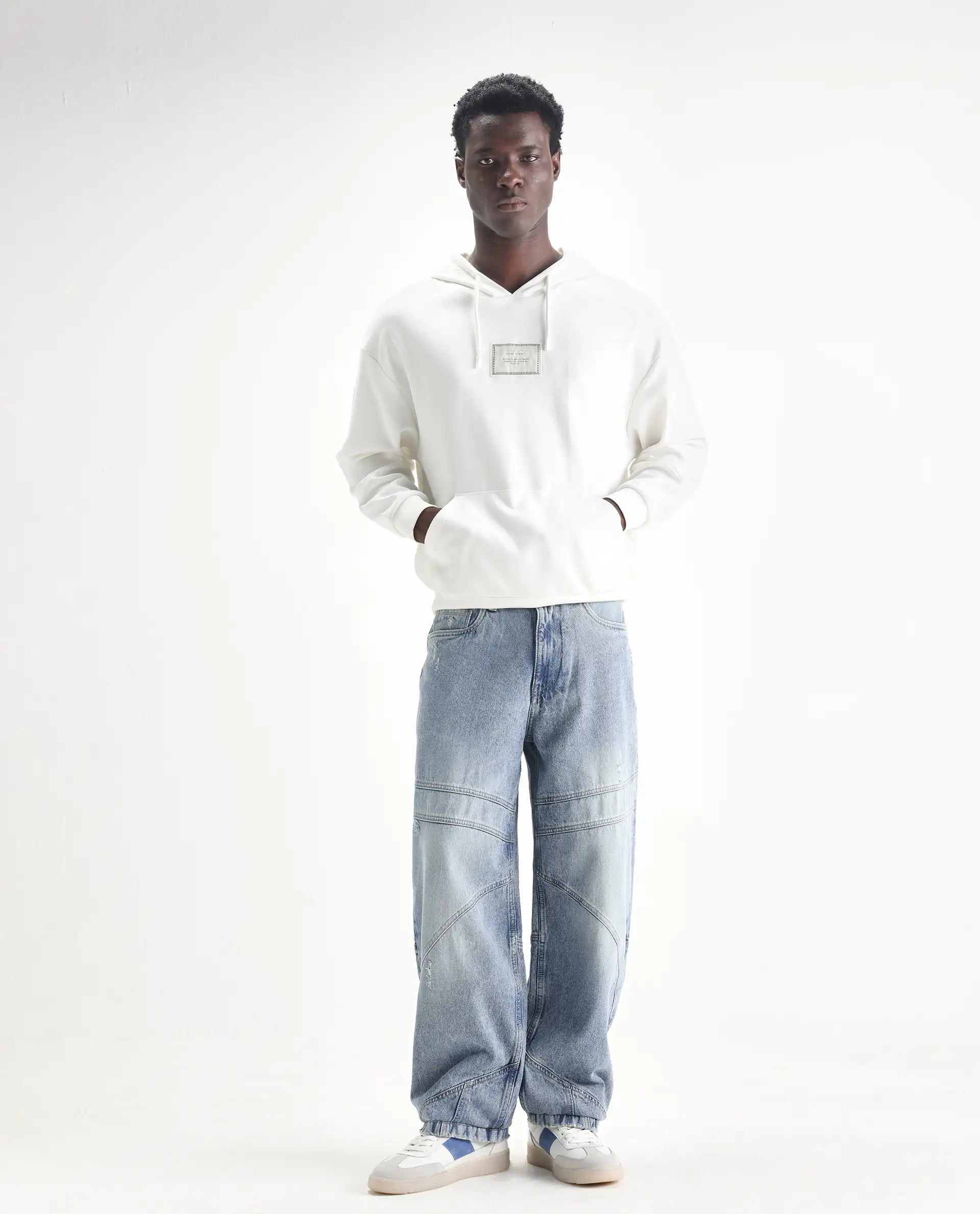 Rare Rabbit Men's Zeret Pastel Blue Cotton Plain Baggy Fit Jeans