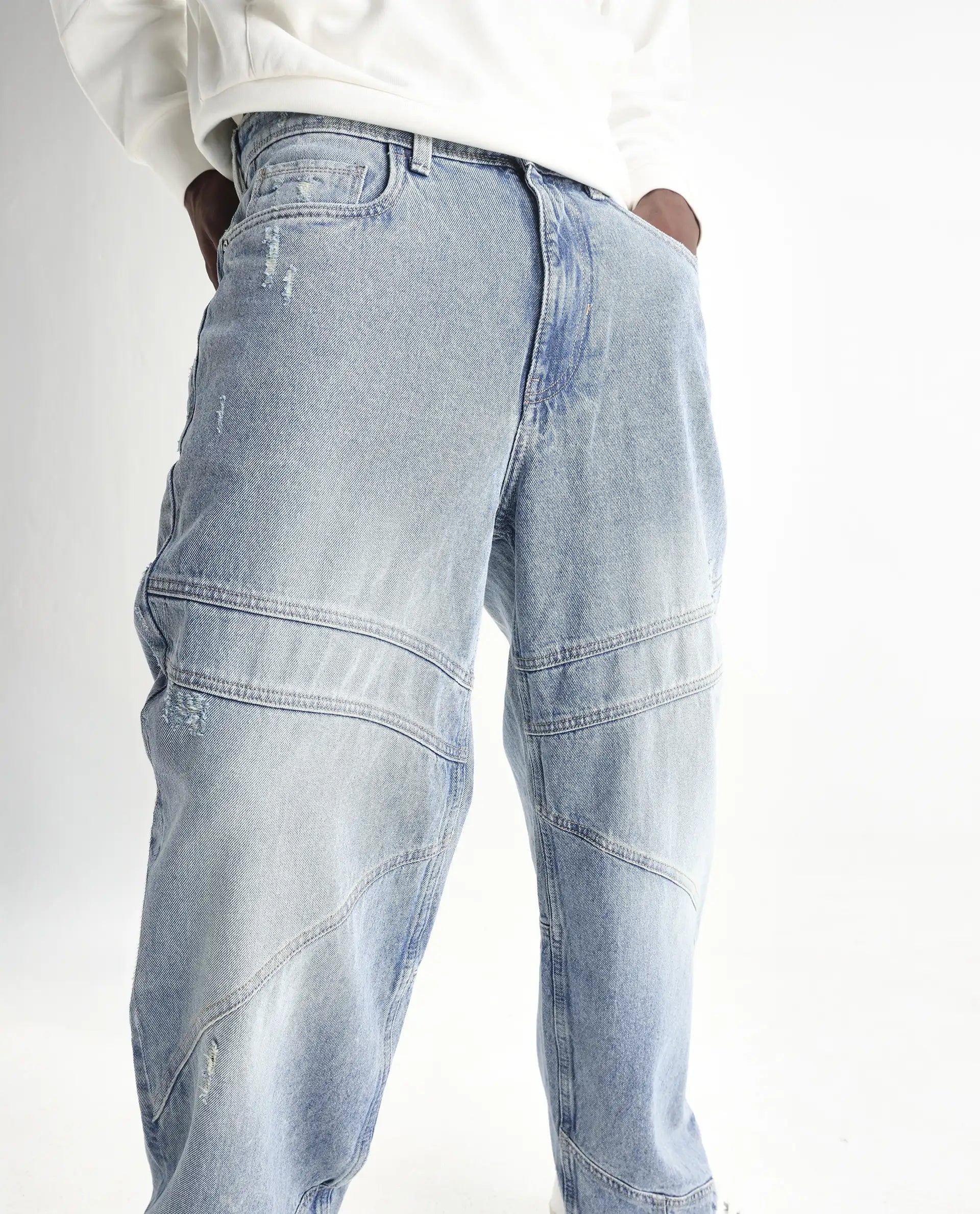 Rare Rabbit Men's Zeret Pastel Blue Cotton Plain Baggy Fit Jeans