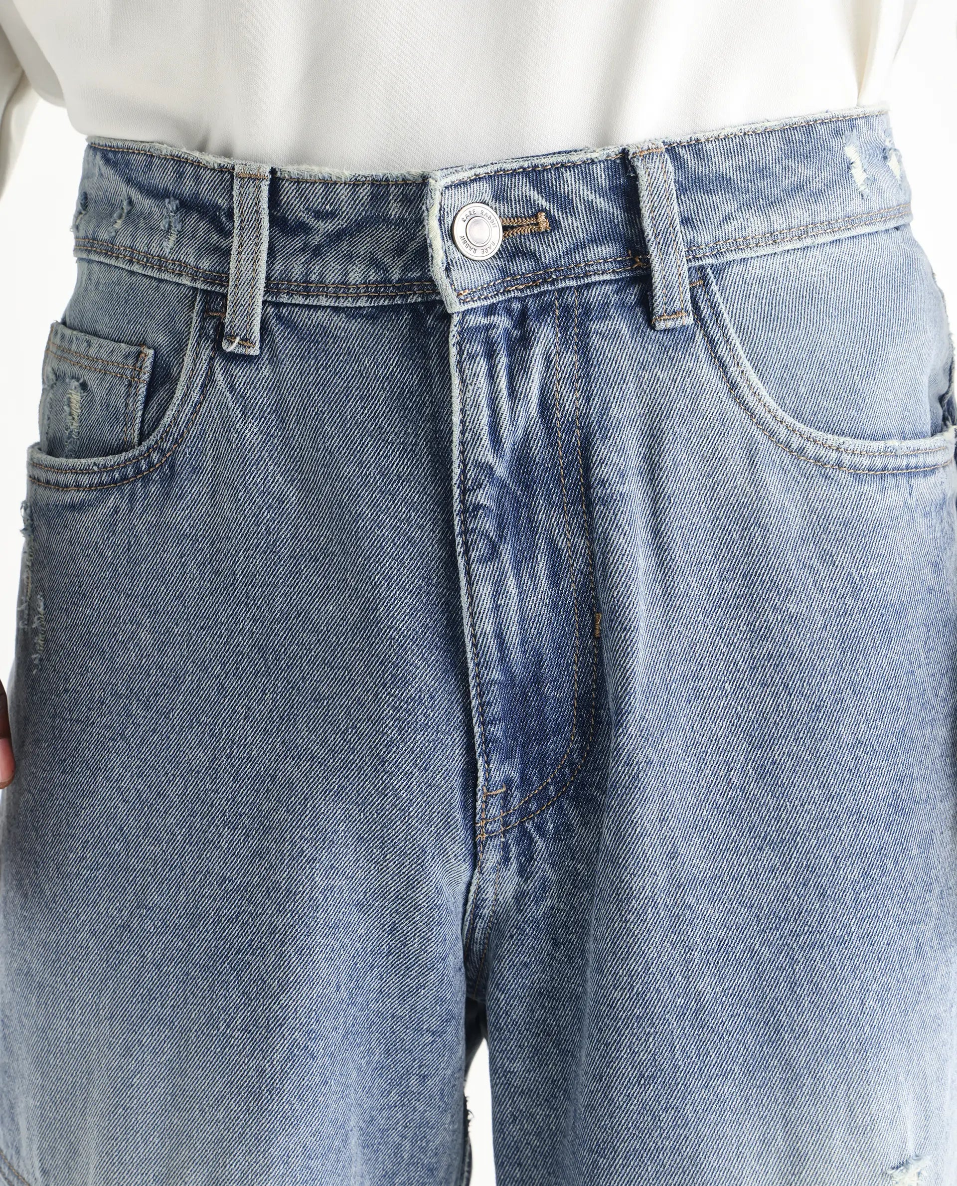 Rare Rabbit Men's Zeret Pastel Blue Cotton Plain Baggy Fit Jeans