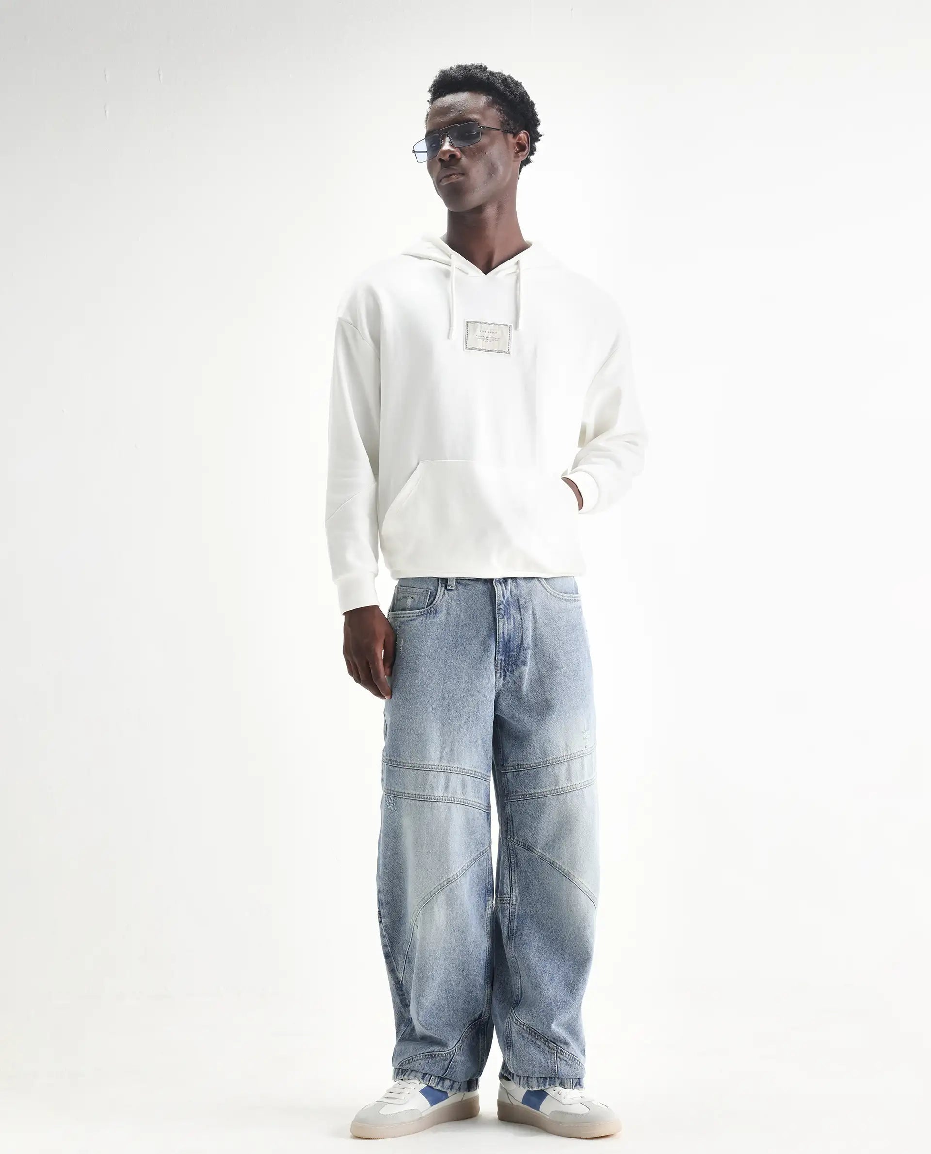 Rare Rabbit Men's Zeret Pastel Blue Cotton Plain Baggy Fit Jeans