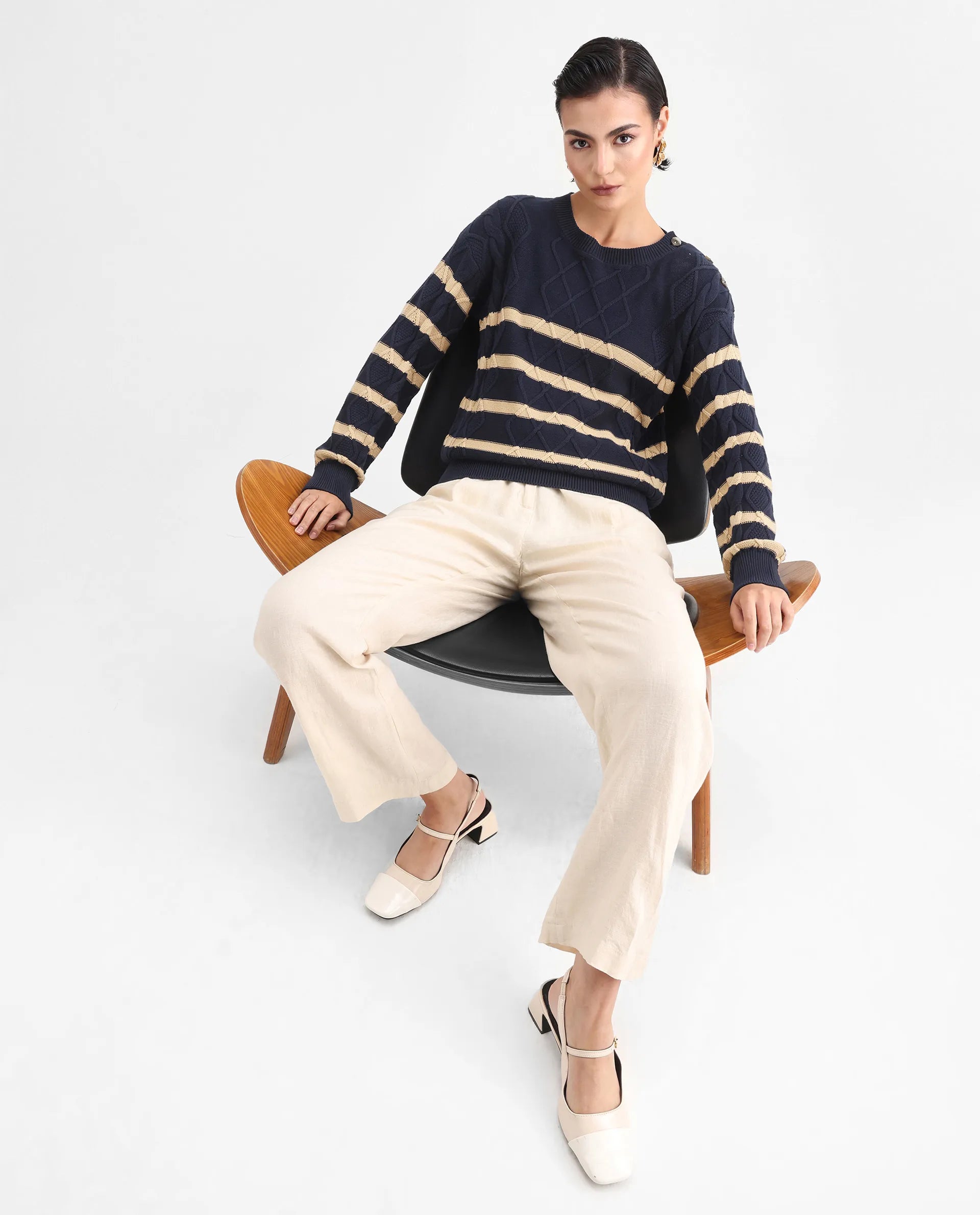 Rareism Women's Zerna Dark Navy Cotton Crew Neck Plain Regular Fit Sweater