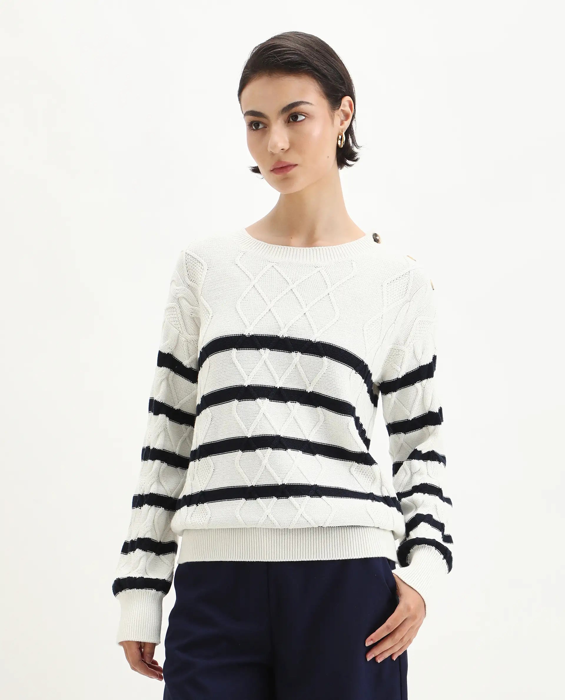 Rareism Women's Zerna White Cotton Crew Neck Regular Fit Sweater