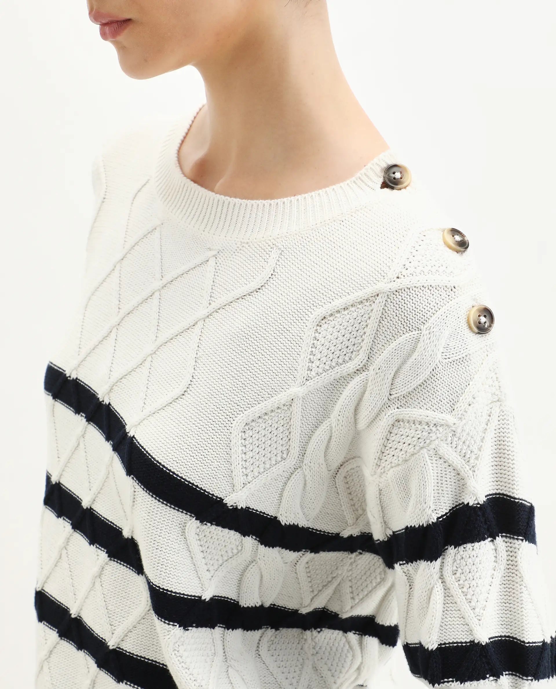 Rareism Women's Zerna White Cotton Crew Neck Regular Fit Sweater