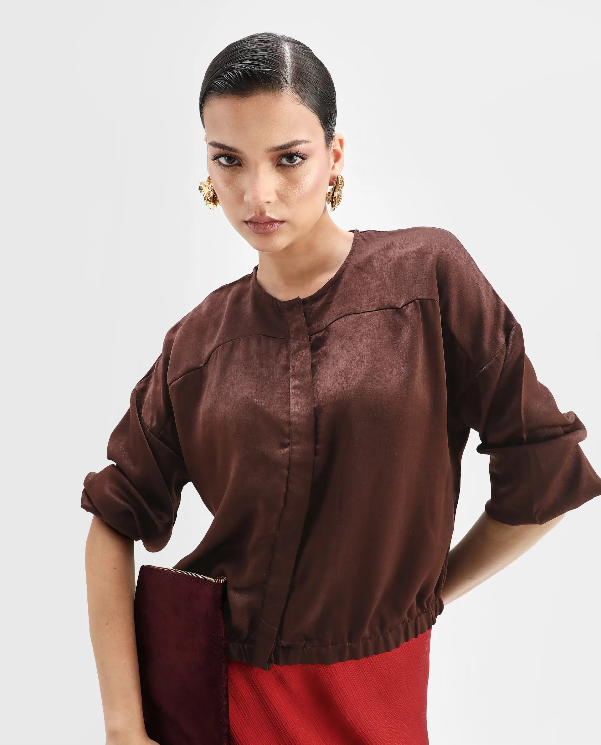 Rareism Women's Zerra Brown Satin Crew Neck Plain Bishop Sleeve Relaxed Fit Top