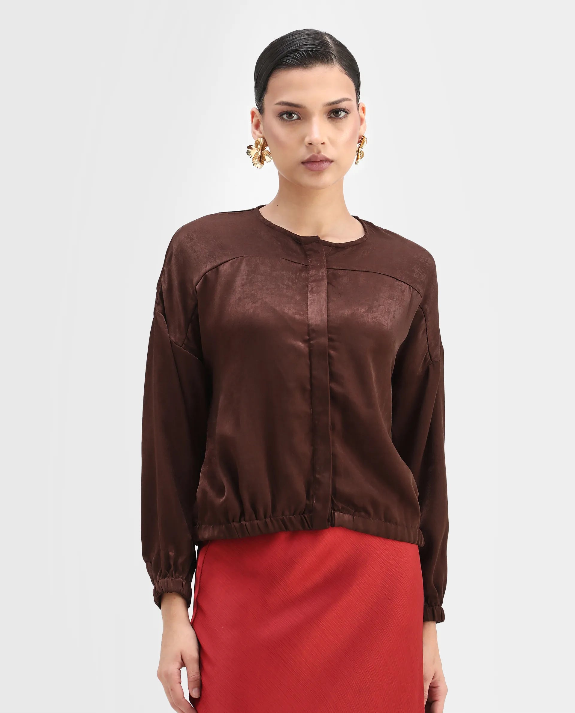 Rareism Women's Zerra Brown Satin Crew Neck Plain Bishop Sleeve Relaxed Fit Top