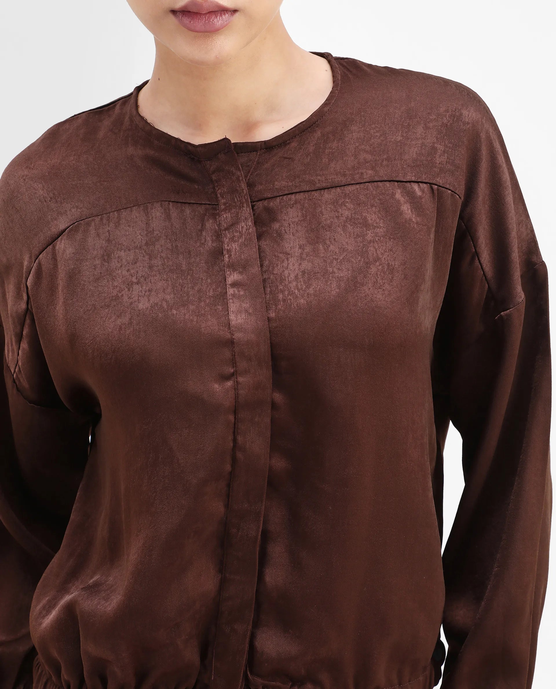 Rareism Women's Zerra Brown Satin Crew Neck Plain Bishop Sleeve Relaxed Fit Top