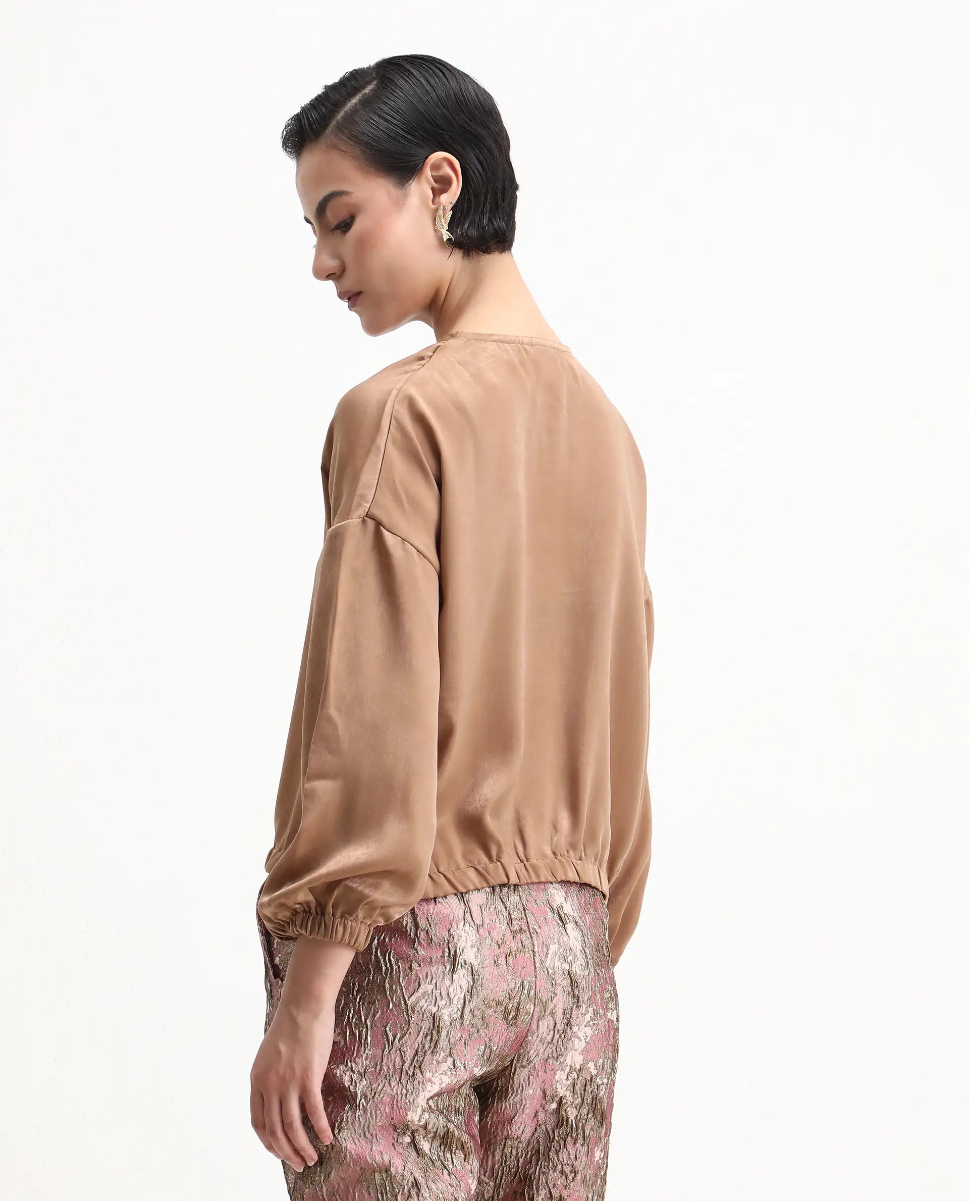 Rareism Women's Zerra Yellow Satin Crew Neck Plain Bishop Sleeve Relaxed Fit Top