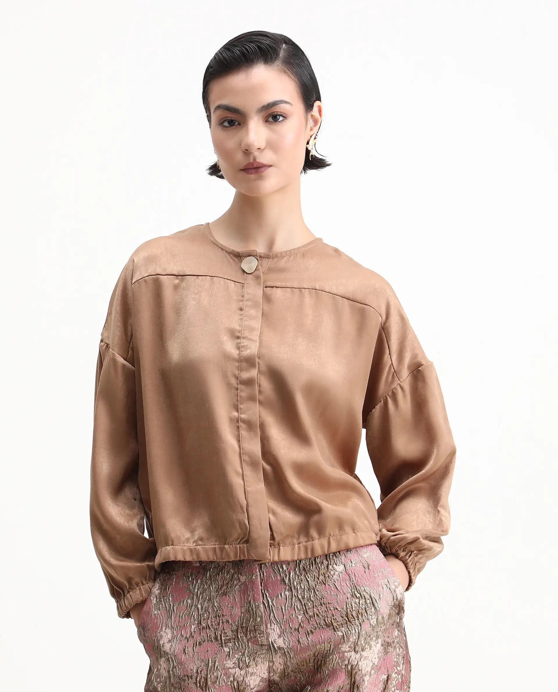 Rareism Women's Zerra Yellow Satin Crew Neck Plain Bishop Sleeve Relaxed Fit Top