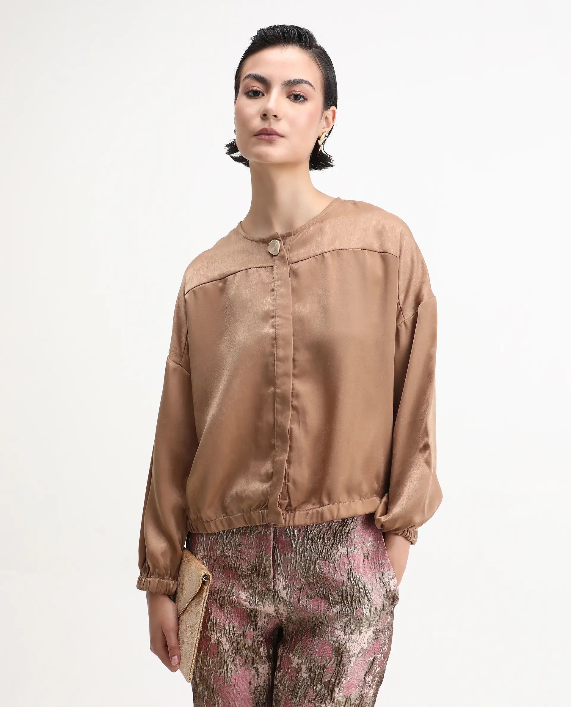 Rareism Women's Zerra Yellow Satin Crew Neck Plain Bishop Sleeve Relaxed Fit Top