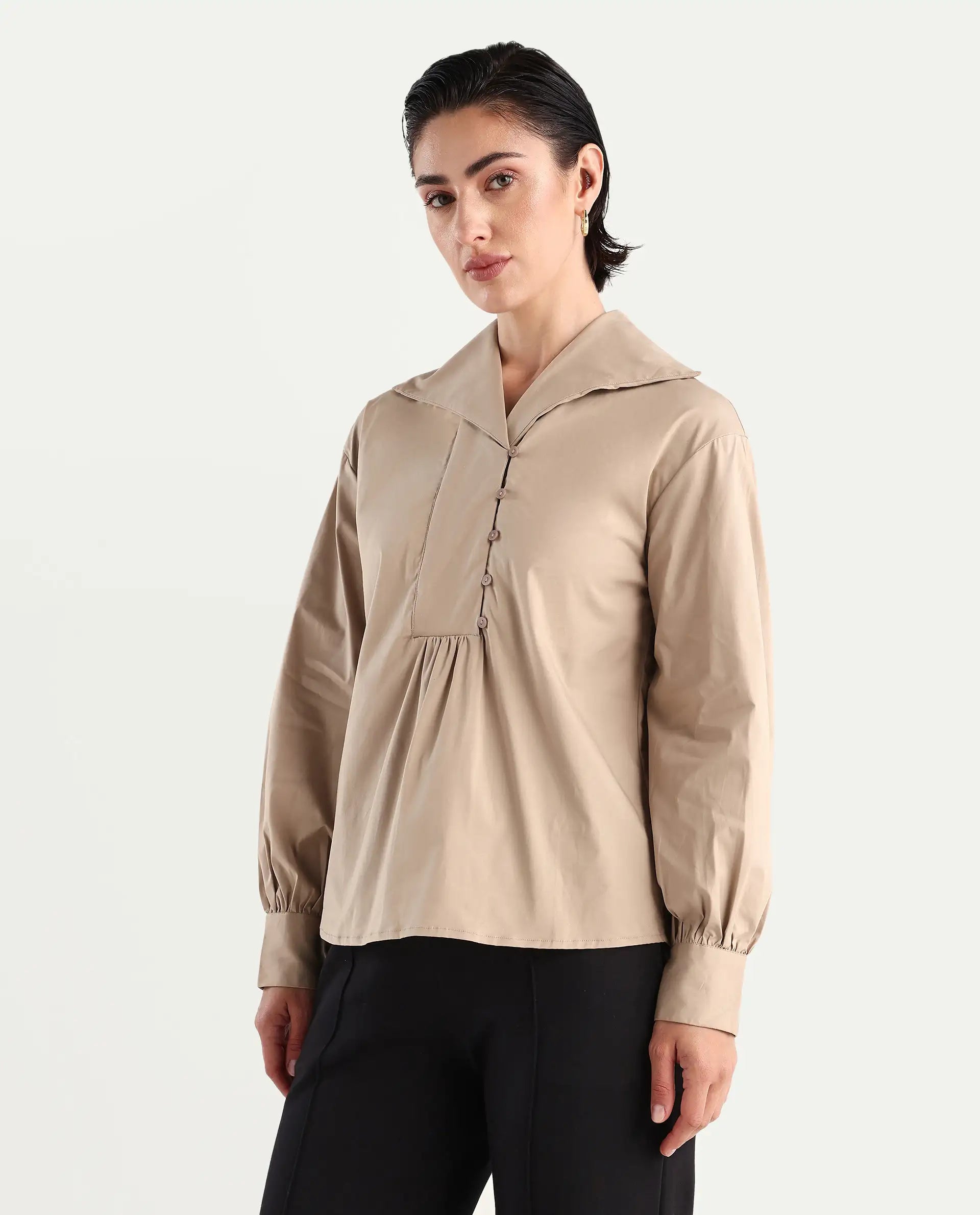 Rareism Women's Zes Beige Cotton Blend Drop Collar Plain Bishop Sleeve Relaxed Fit Top