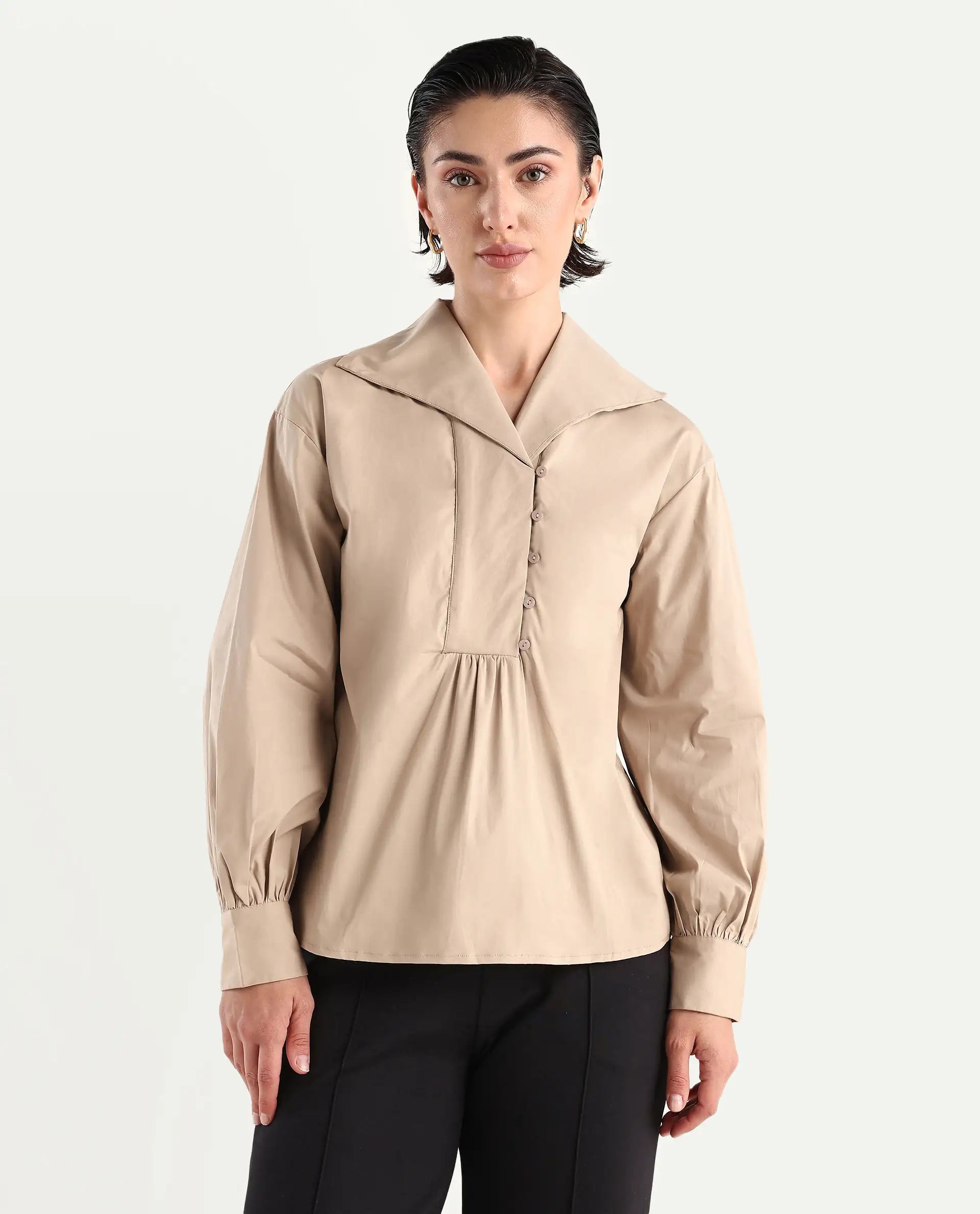 Rareism Women's Zes Beige Cotton Blend Drop Collar Plain Bishop Sleeve Relaxed Fit Top