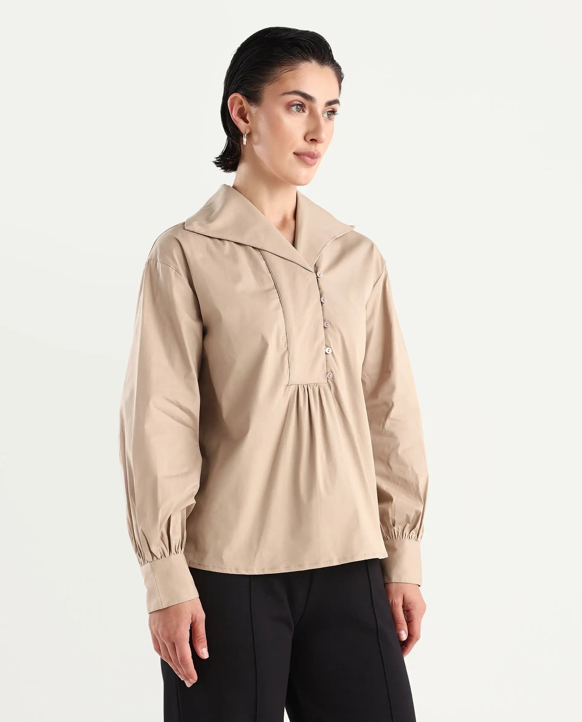 Rareism Women's Zes Beige Cotton Blend Drop Collar Plain Bishop Sleeve Relaxed Fit Top