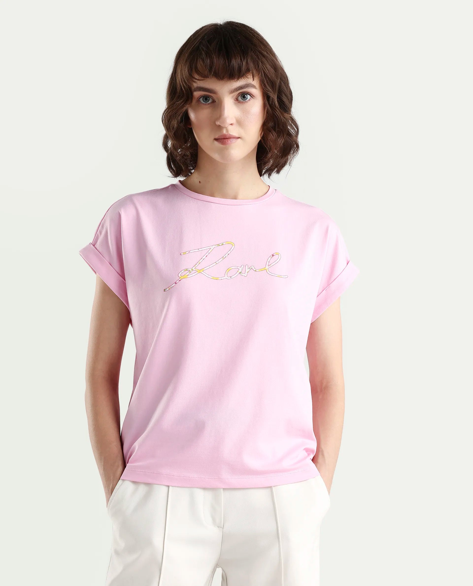 Rareism Women's Zeta Light Pink Cotton Blend Half Sleeve Relaxed Fit Typography Print T-Shirt