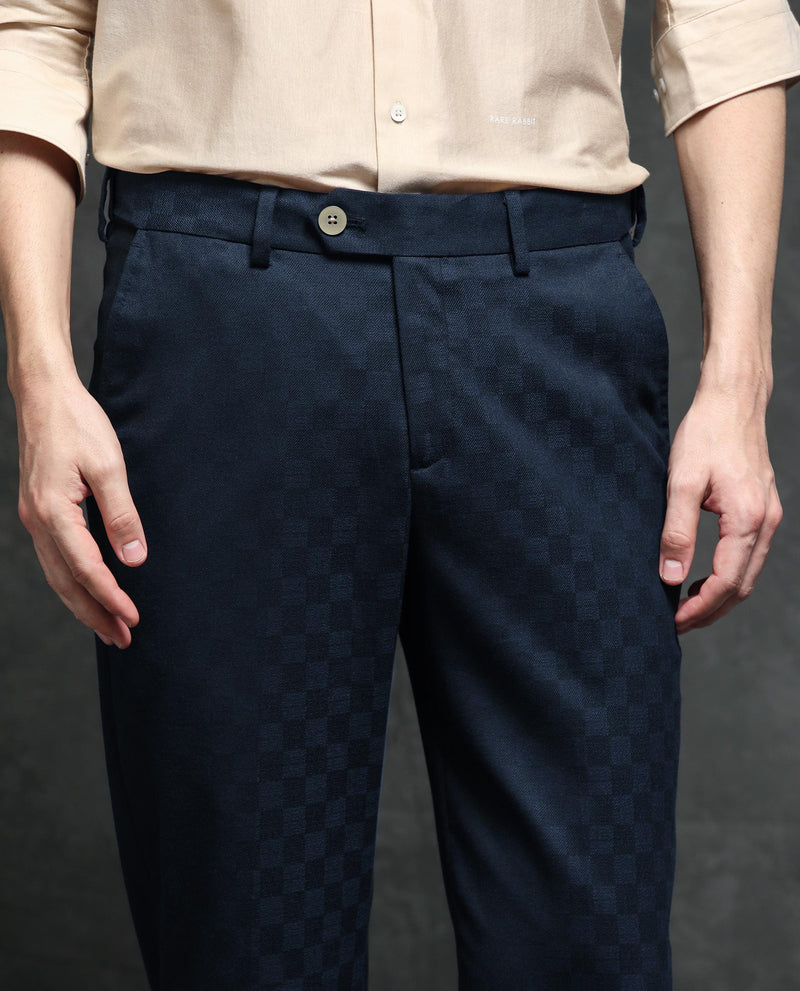 Rare Rabbit Men's Zetar Navy Mid-Rise Regular Fit Premium Jacquard Trouser
