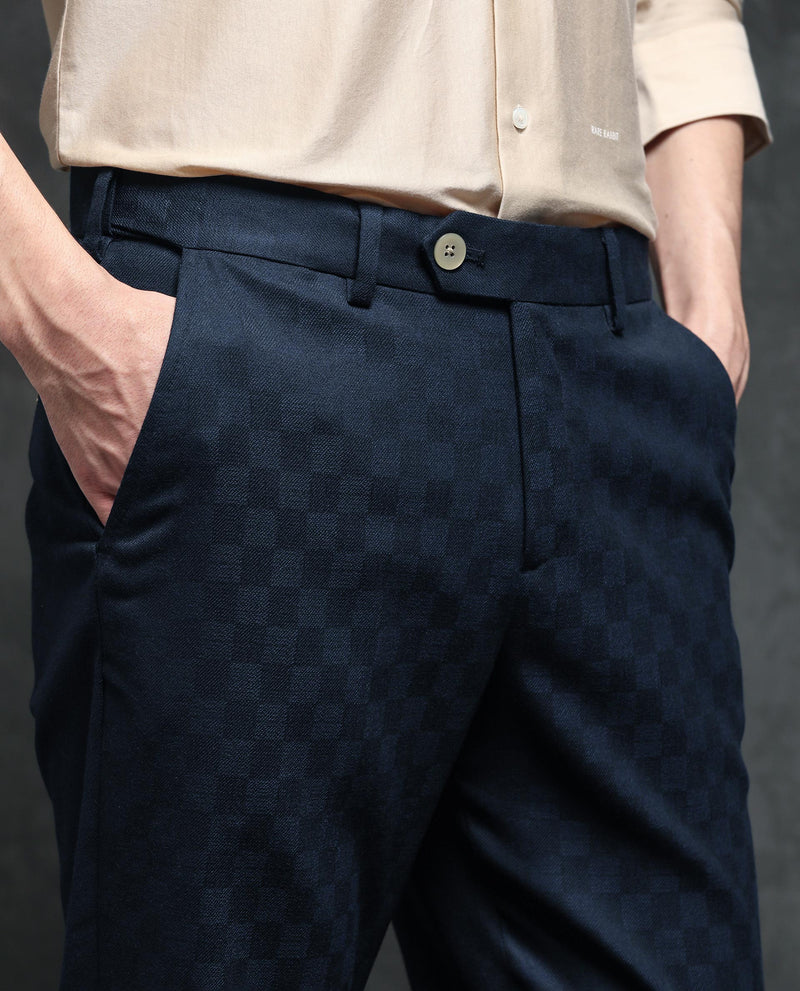 Rare Rabbit Men's Zetar Navy Mid-Rise Regular Fit Premium Jacquard Trouser