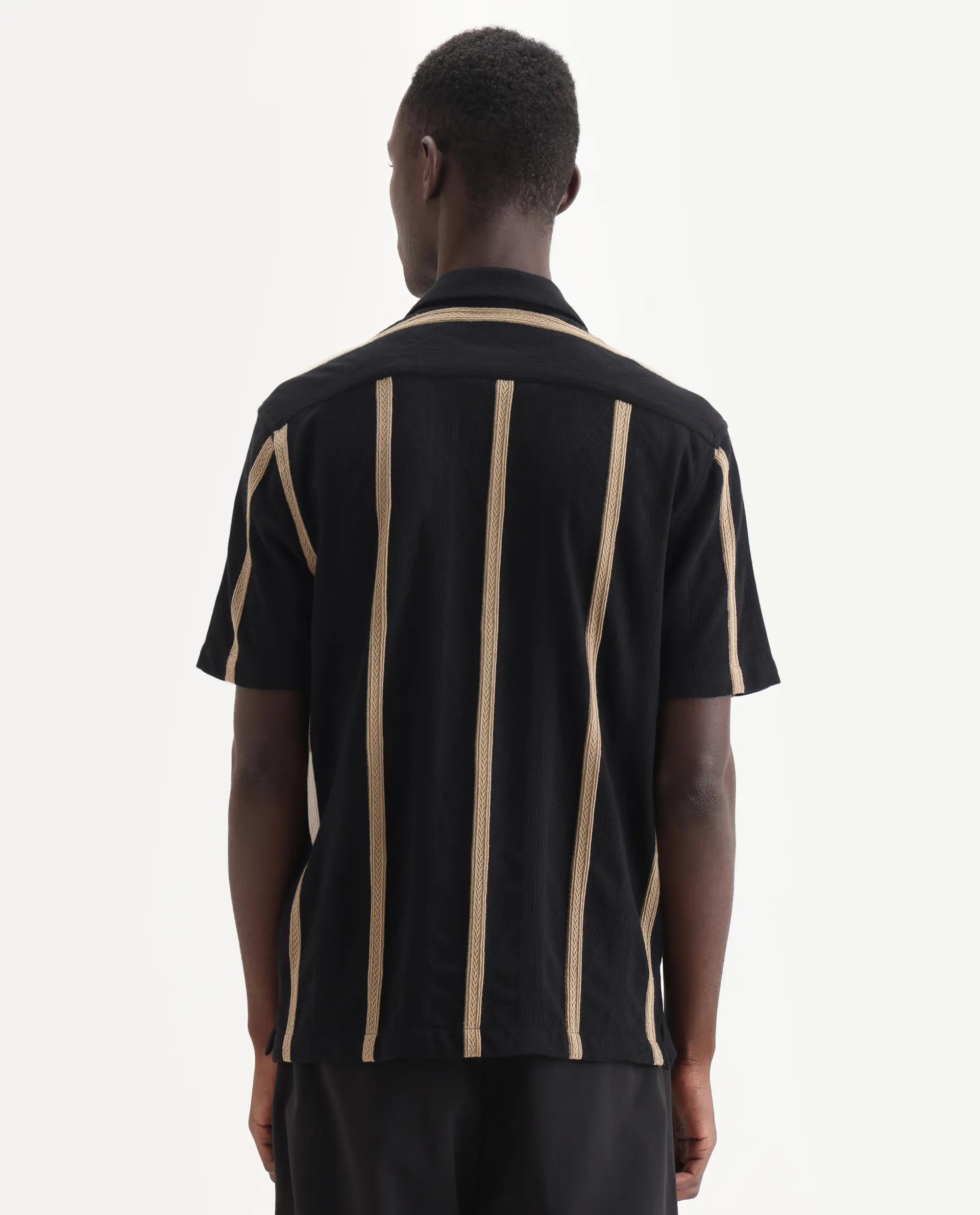 Rare Rabbit Men's Zeti Black Cotton Blend Fabric Half Sleeve Relaxed Fit Striped Shirt