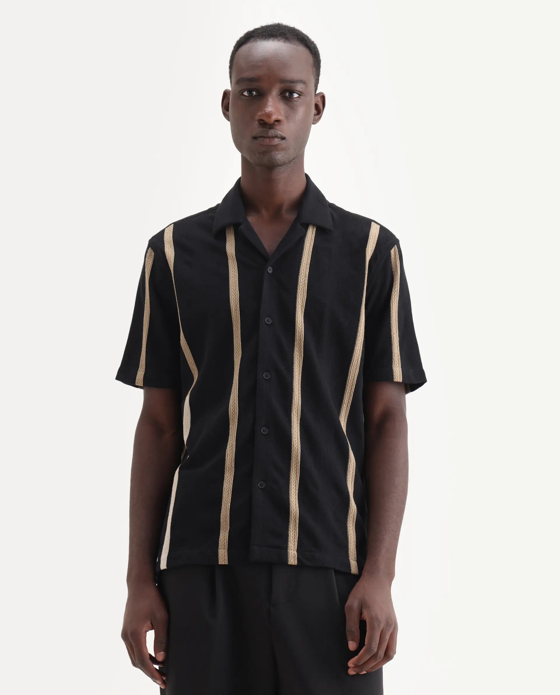 Rare Rabbit Men's Zeti Black Cotton Blend Fabric Half Sleeve Relaxed Fit Striped Shirt