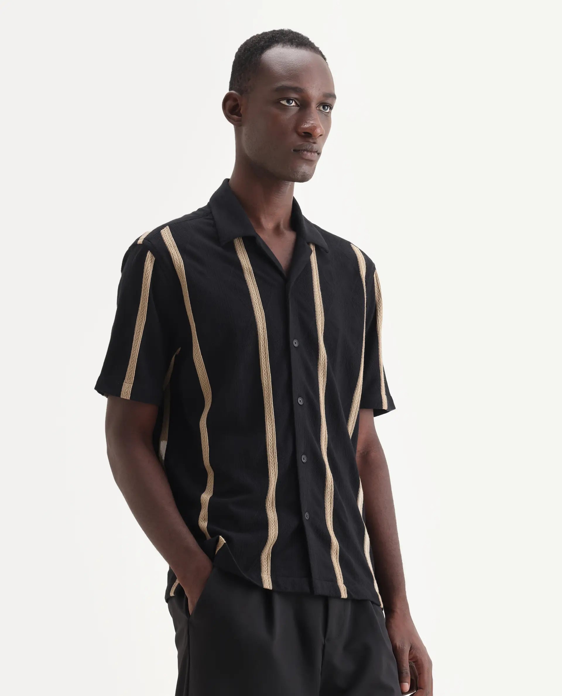 Rare Rabbit Men's Zeti Black Cotton Blend Fabric Half Sleeve Relaxed Fit Striped Shirt