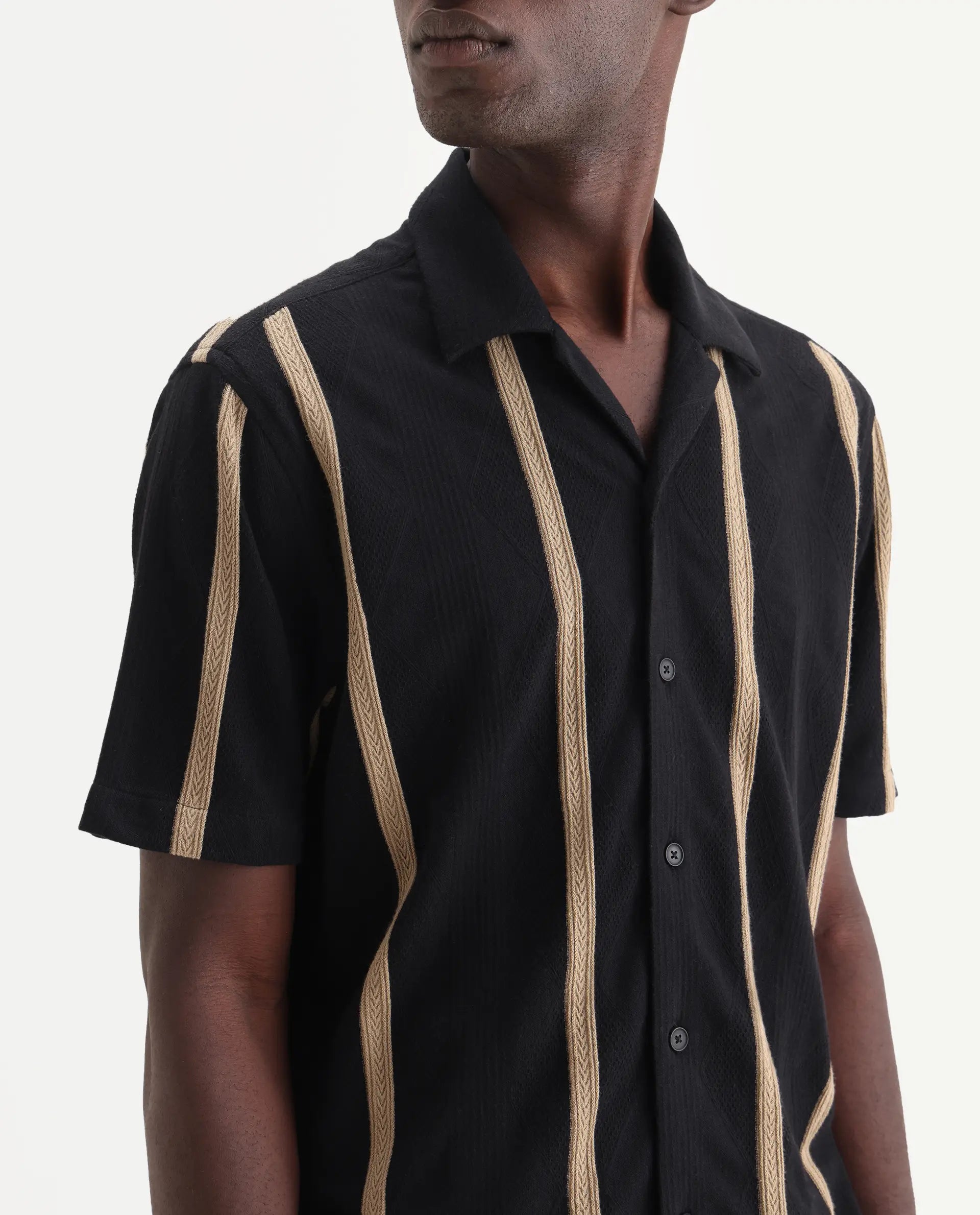 Rare Rabbit Men's Zeti Black Cotton Blend Fabric Half Sleeve Relaxed Fit Striped Shirt